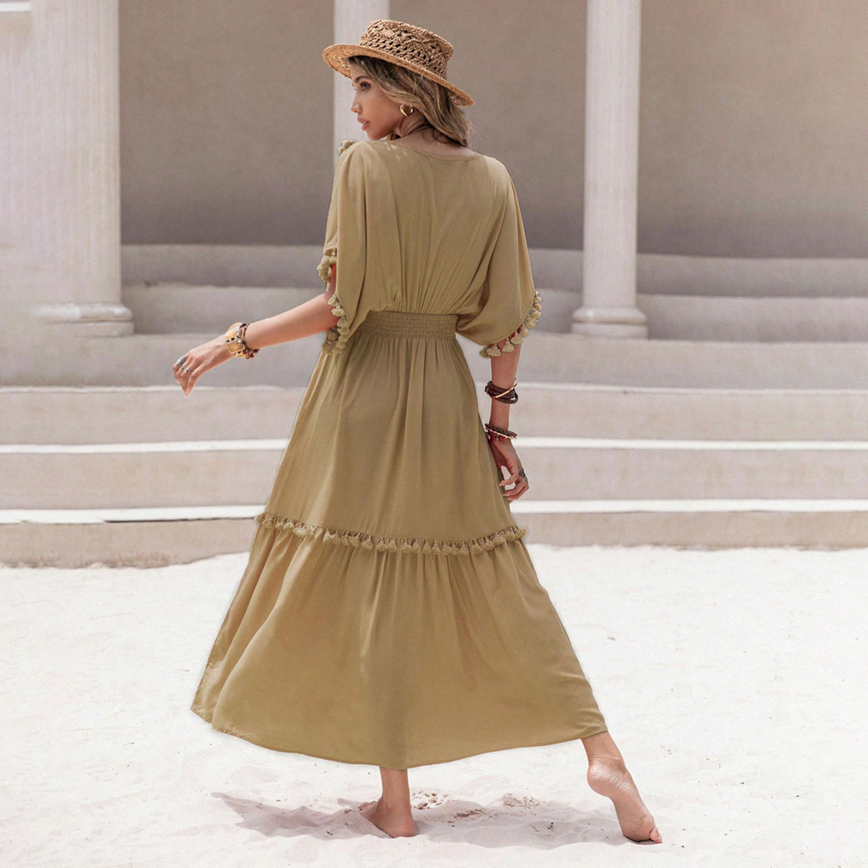 Russty Dustty X Styli Womens V Neck Solid Trim Detail Maxi Dress-women-clothing-dresses-image-2