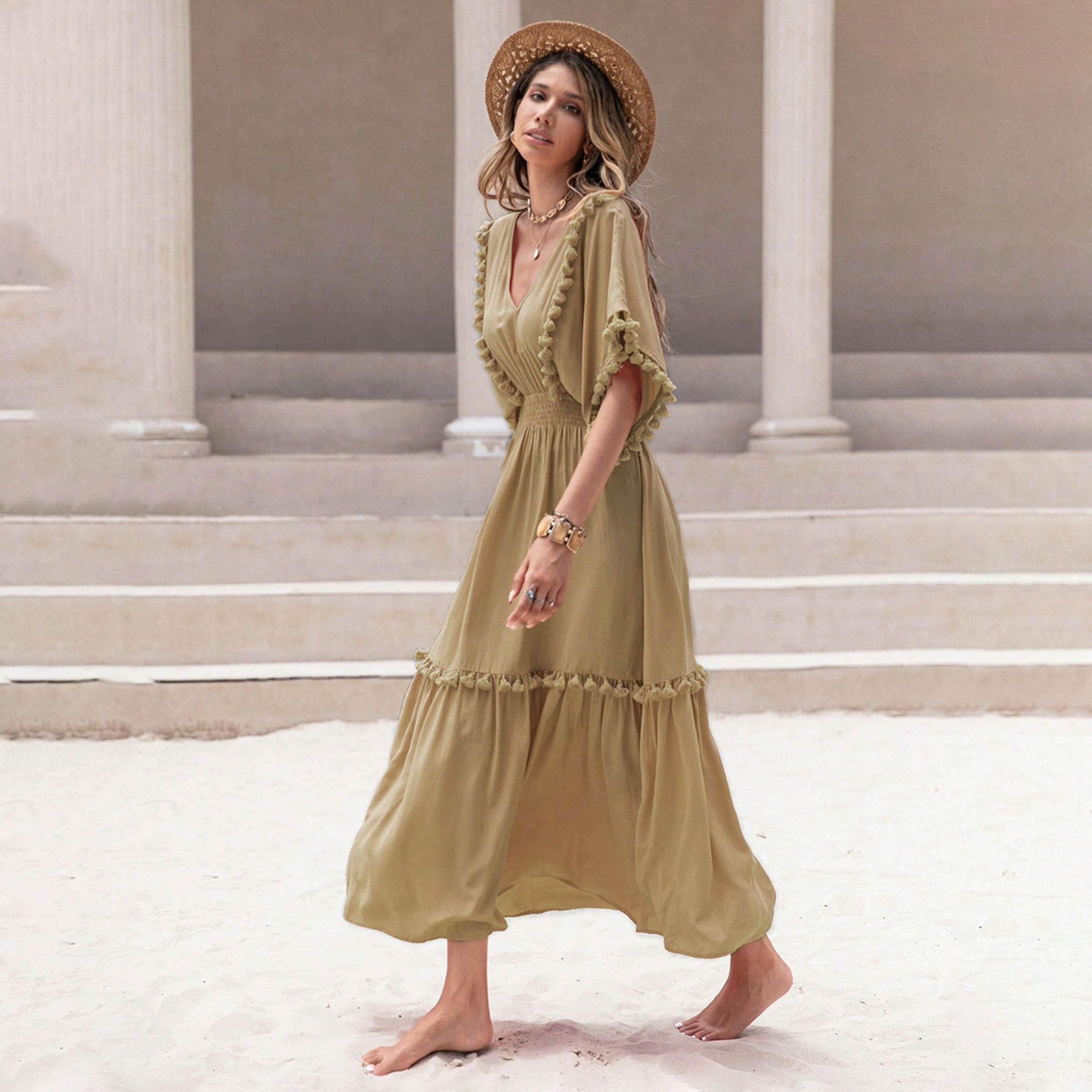 راستي دستي × ستايلي-  فستان ماكسي نسائي برقبة على شكل حرف V وتفاصيل مزخرفة-women-clothing-dresses-image-4