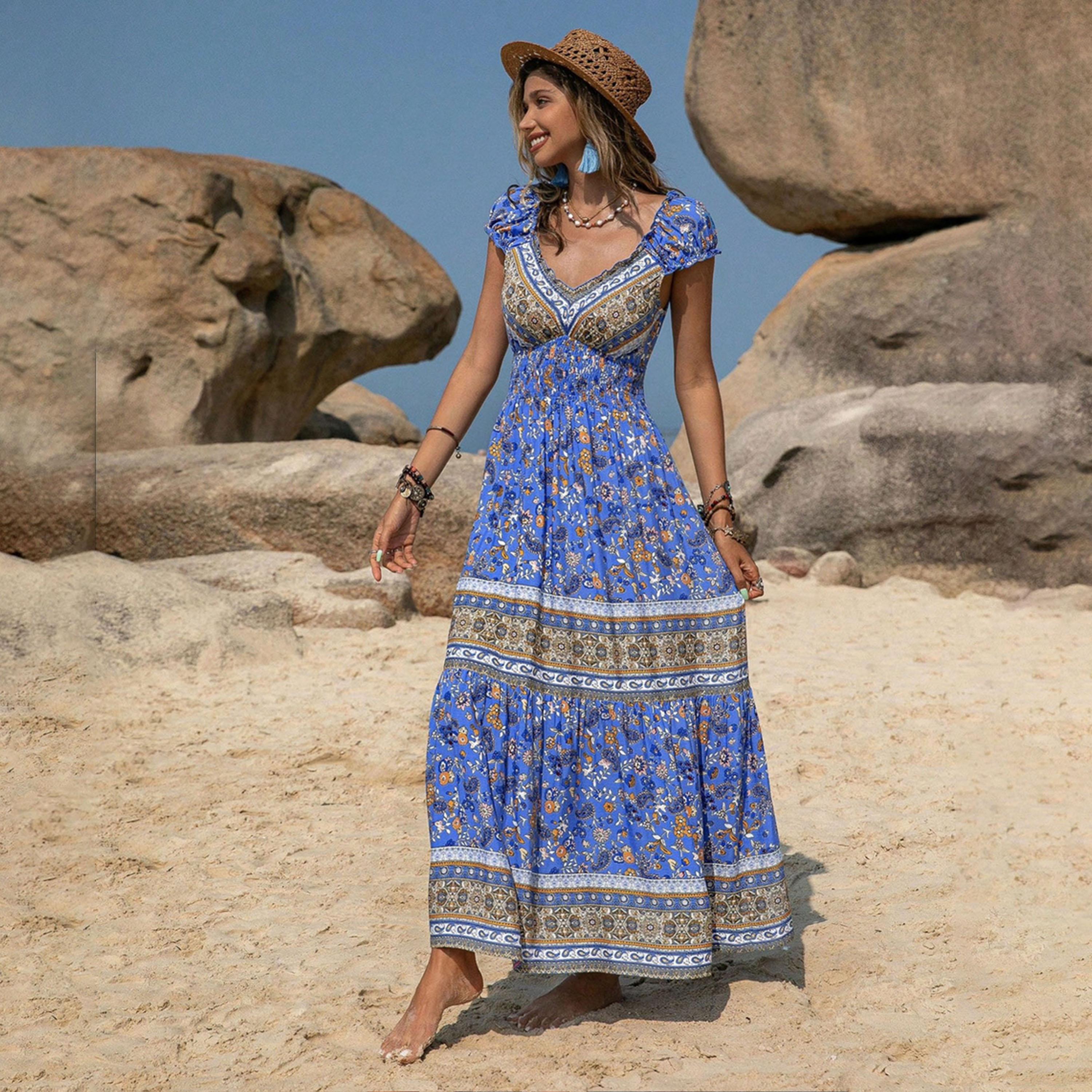 راستي دستي × ستايلي-  فستان طويل بوهيمي برقبة على شكل حرف V وأكمام قصيرة-women-clothing-dresses-image-3