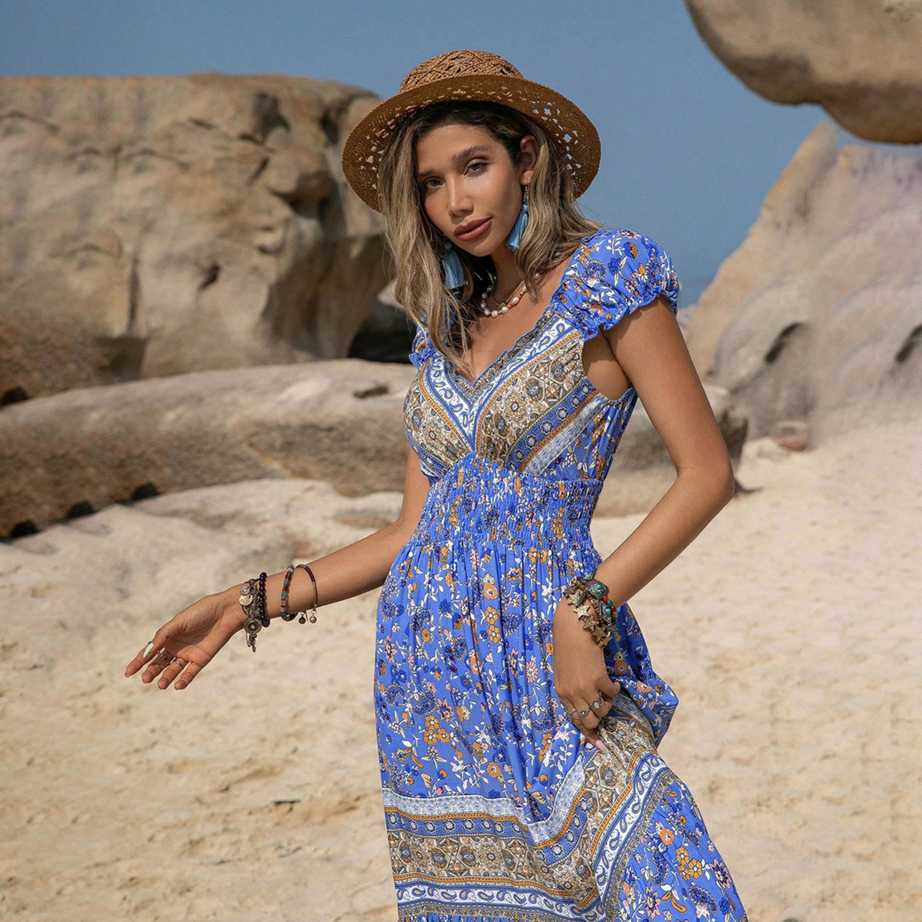 راستي دستي × ستايلي-  فستان طويل بوهيمي برقبة على شكل حرف V وأكمام قصيرة-women-clothing-dresses-image-4