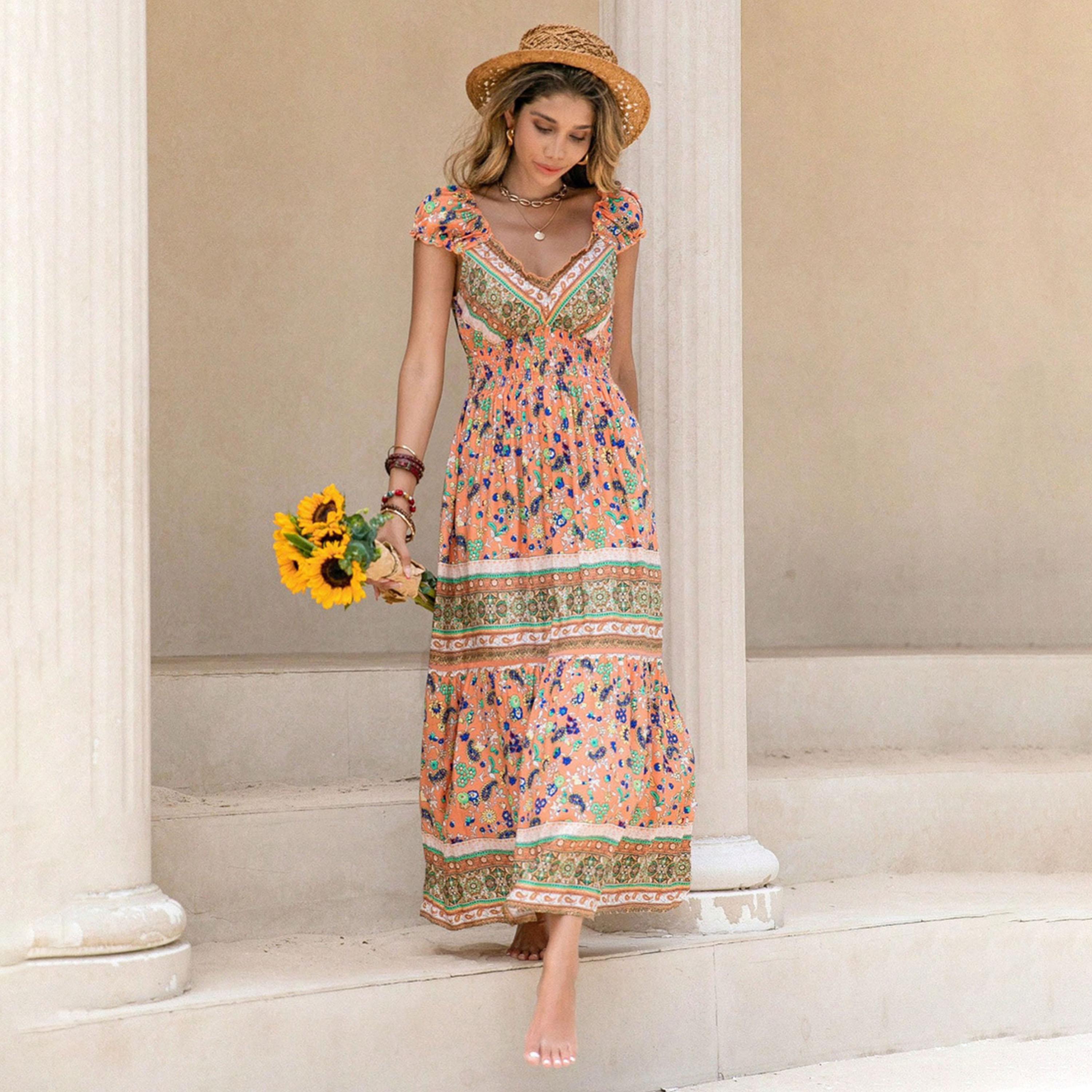 Russty Dustty X Styli Bohemian  Printed V Neck Cap Sleeve Maxi Dress-women-clothing-dresses-image-1