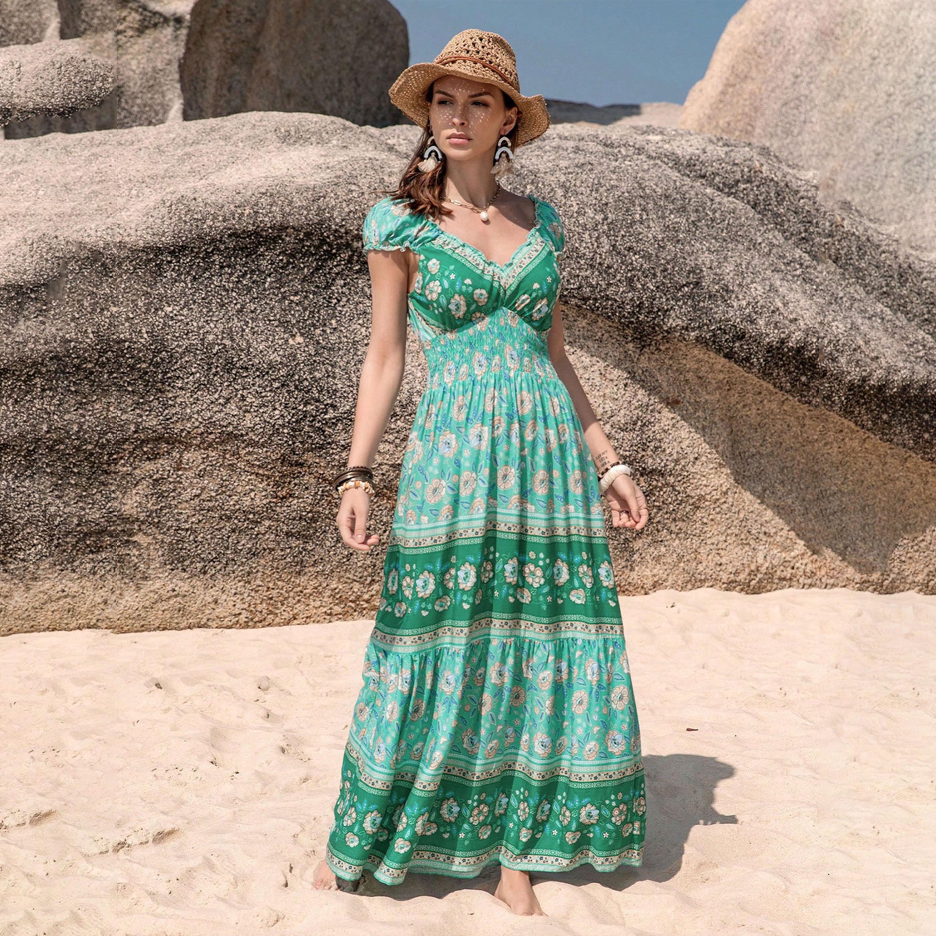 راستي دستي × ستايلي-  فستان طويل بوهيمي برقبة على شكل حرف V وأكمام قصيرة-women-clothing-dresses-image-1