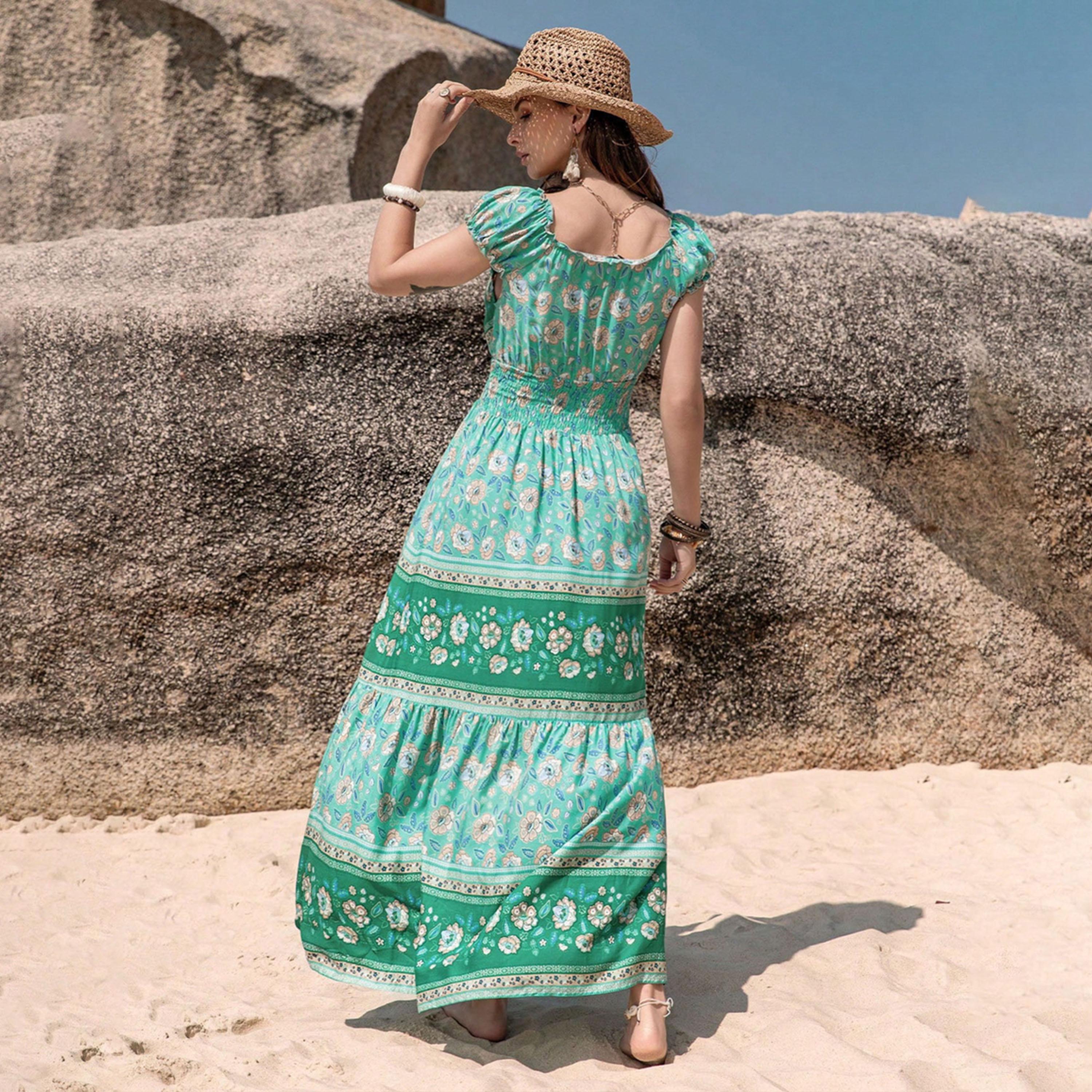 راستي دستي × ستايلي-  فستان طويل بوهيمي برقبة على شكل حرف V وأكمام قصيرة-women-clothing-dresses-image-2