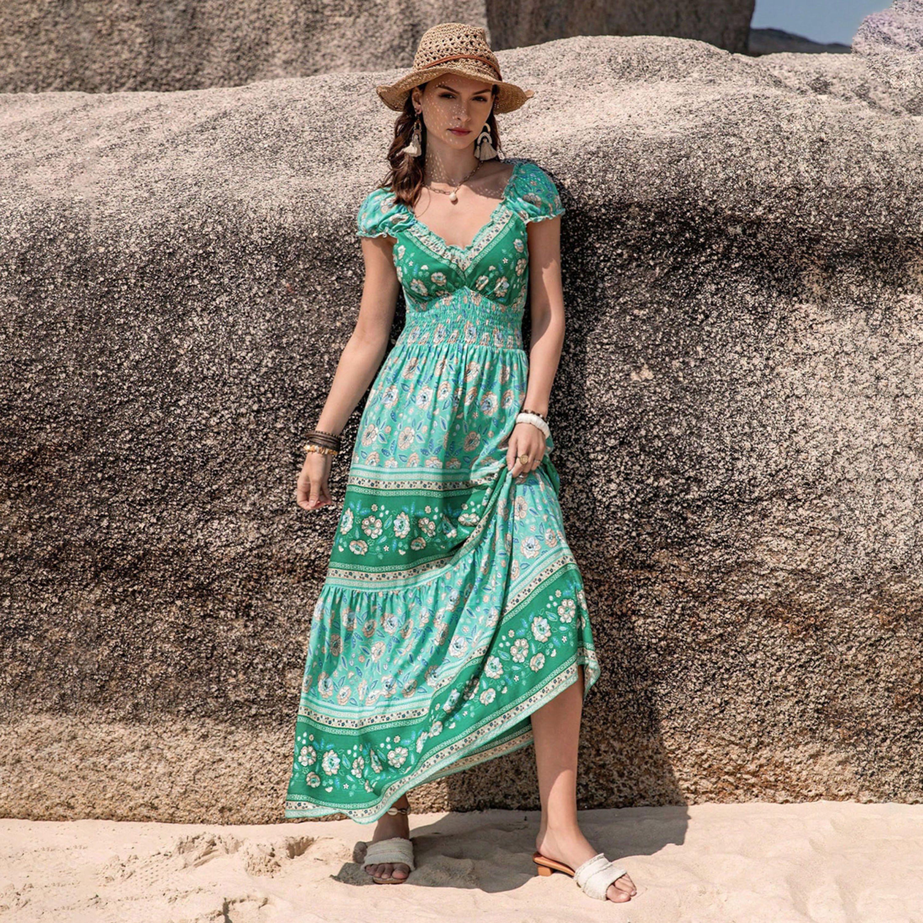 راستي دستي × ستايلي-  فستان طويل بوهيمي برقبة على شكل حرف V وأكمام قصيرة-women-clothing-dresses-image-3