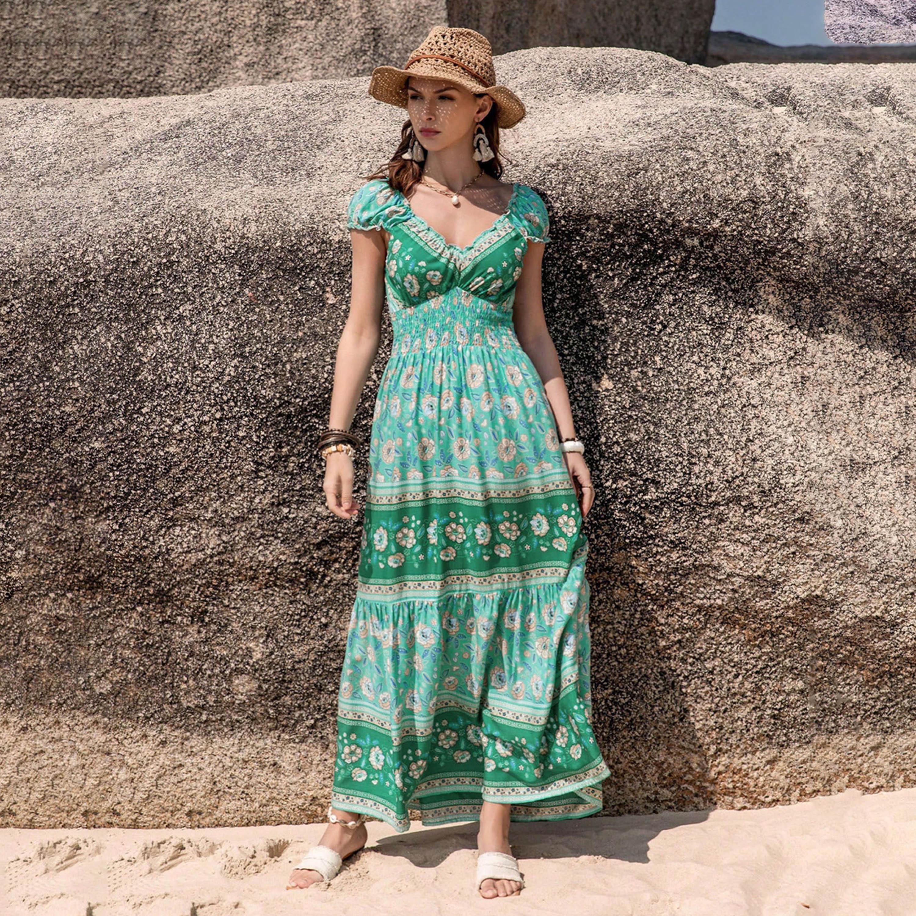 راستي دستي × ستايلي-  فستان طويل بوهيمي برقبة على شكل حرف V وأكمام قصيرة-women-clothing-dresses-image-4