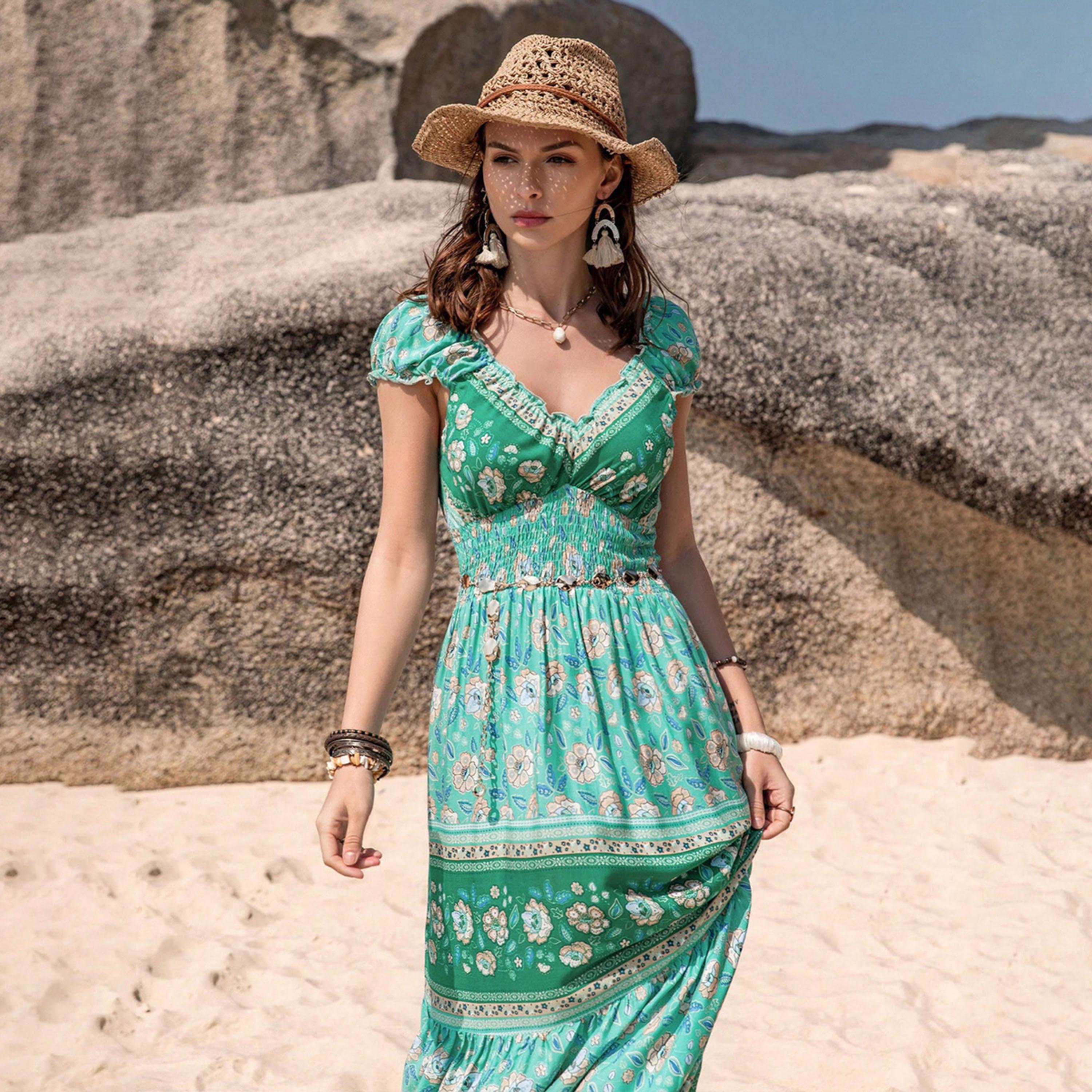 راستي دستي × ستايلي-  فستان طويل بوهيمي برقبة على شكل حرف V وأكمام قصيرة-women-clothing-dresses-image-6