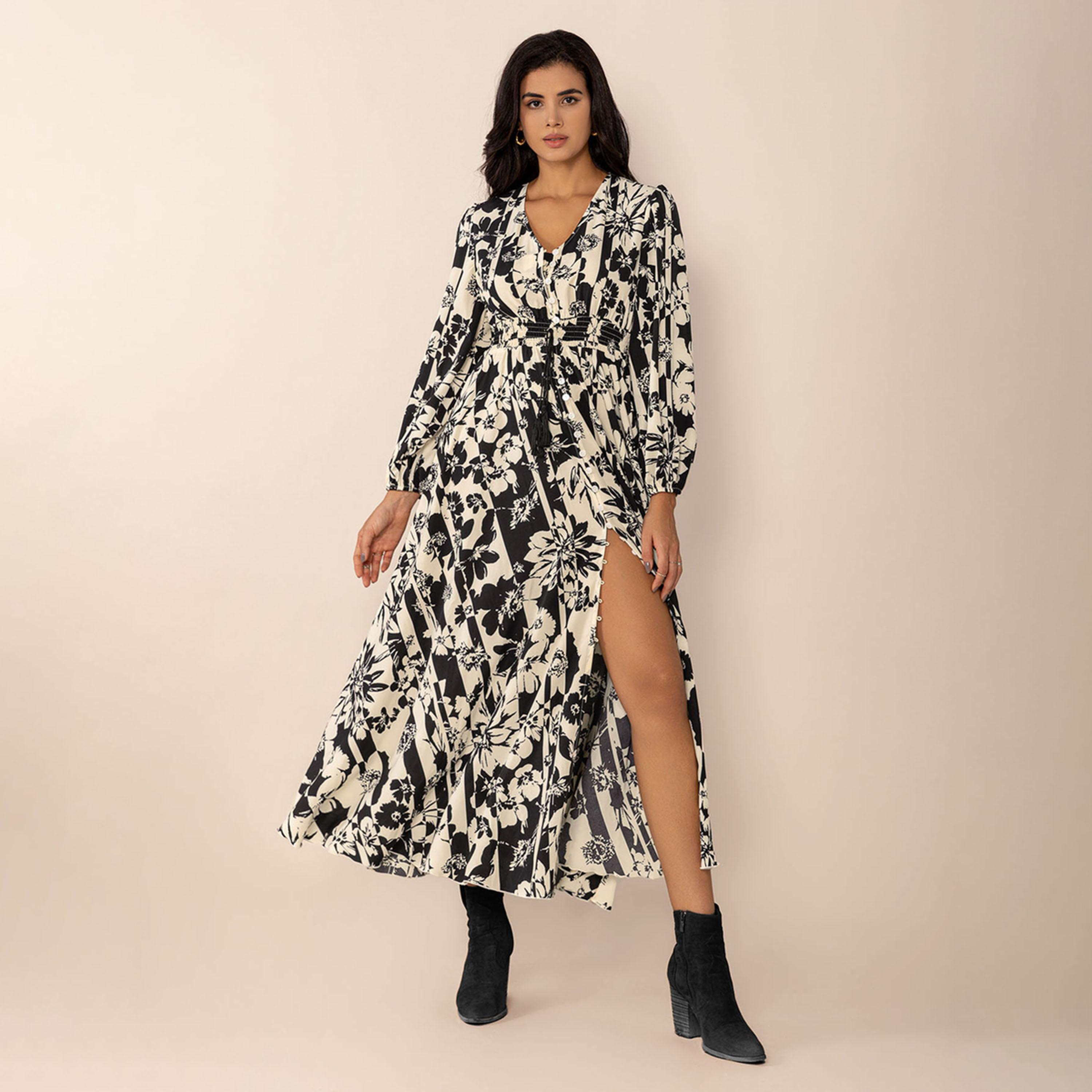 Russty Dustty X Styli Womens Allover Printed Drawstring Waist Long Sleeve Maxi Dress-women-clothing-dresses-image-1