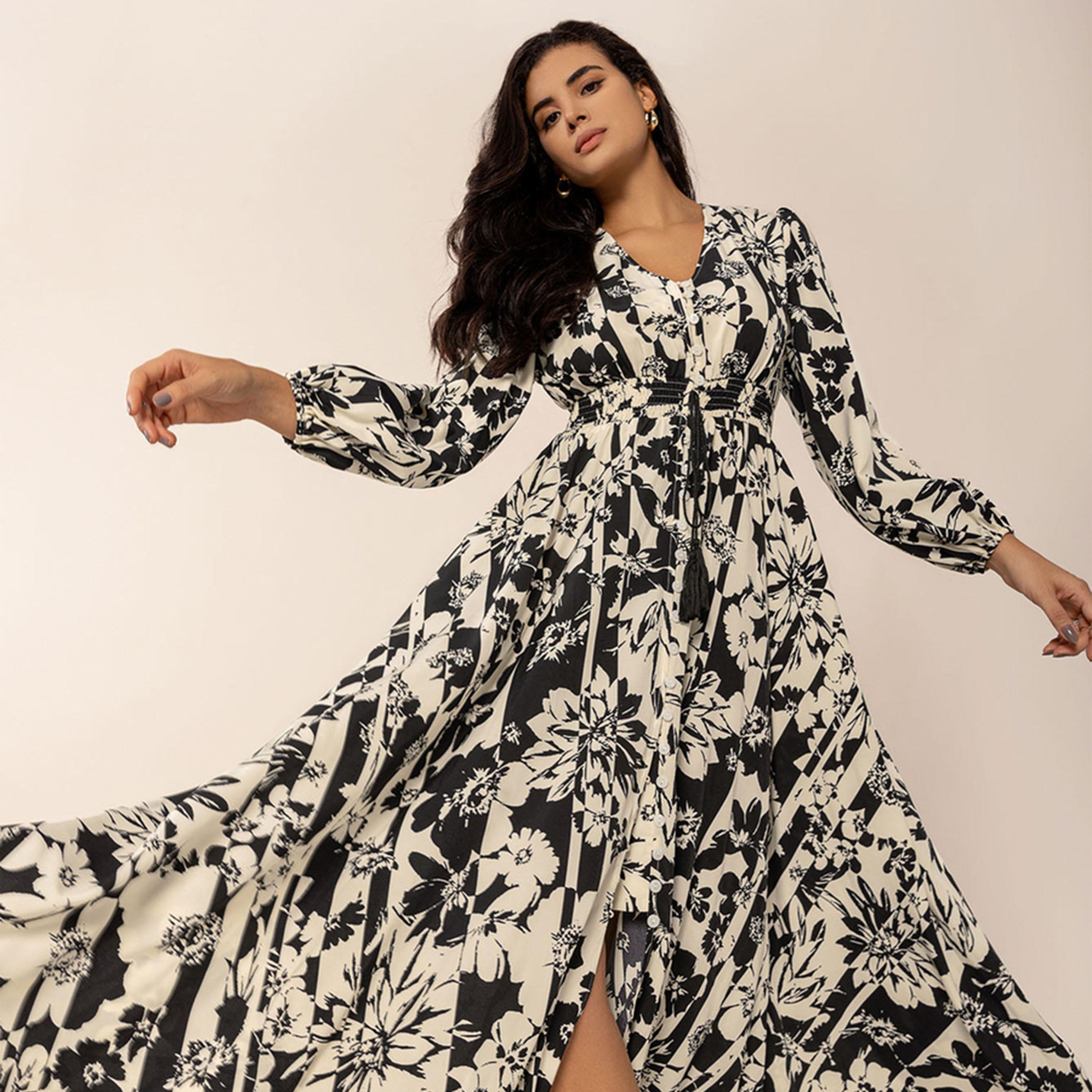 راستي دستي × ستايلي-  فستان ماكسي نسائي طويل الأكمام برباط خصر مطبوع بالكامل-women-clothing-dresses-image-3