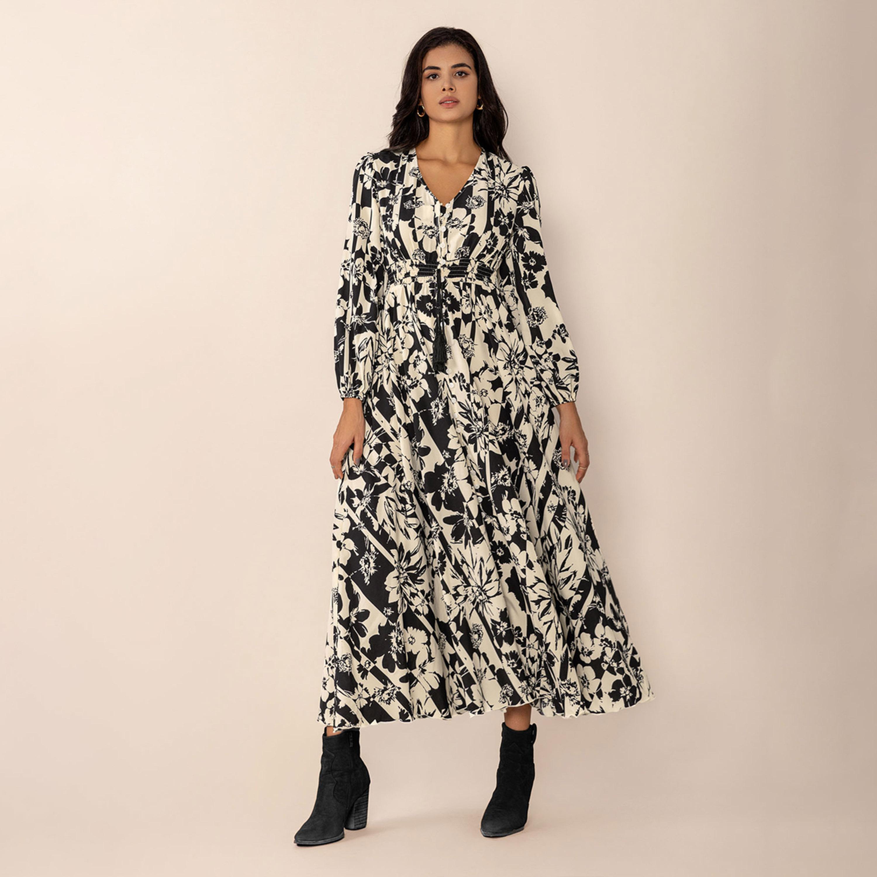 راستي دستي × ستايلي-  فستان ماكسي نسائي طويل الأكمام برباط خصر مطبوع بالكامل-women-clothing-dresses-image-7