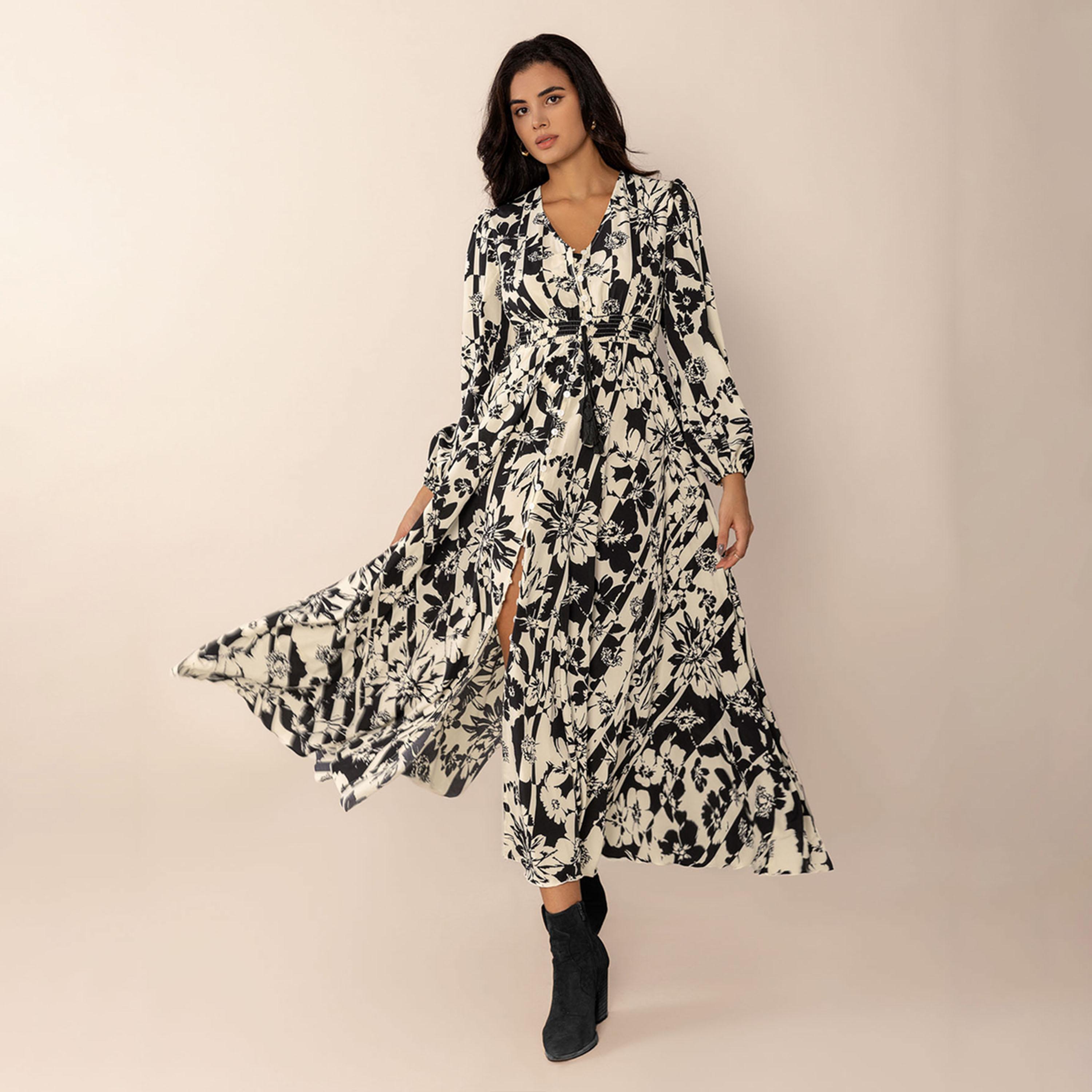 راستي دستي × ستايلي-  فستان ماكسي نسائي طويل الأكمام برباط خصر مطبوع بالكامل-women-clothing-dresses-image-8