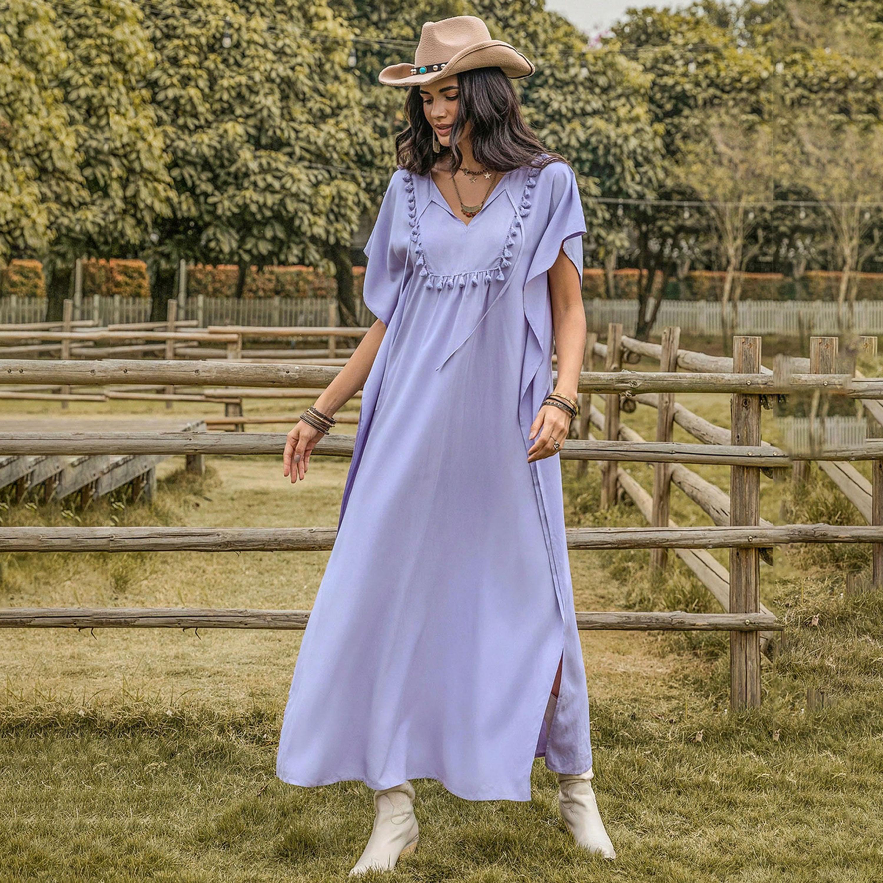 راستي دستي × ستايلي-  فستان ماكسي صيفي نسائي طويل ياقة على شكل حرف V وأكمام جناح الخفاش-women-clothing-dresses-image-1