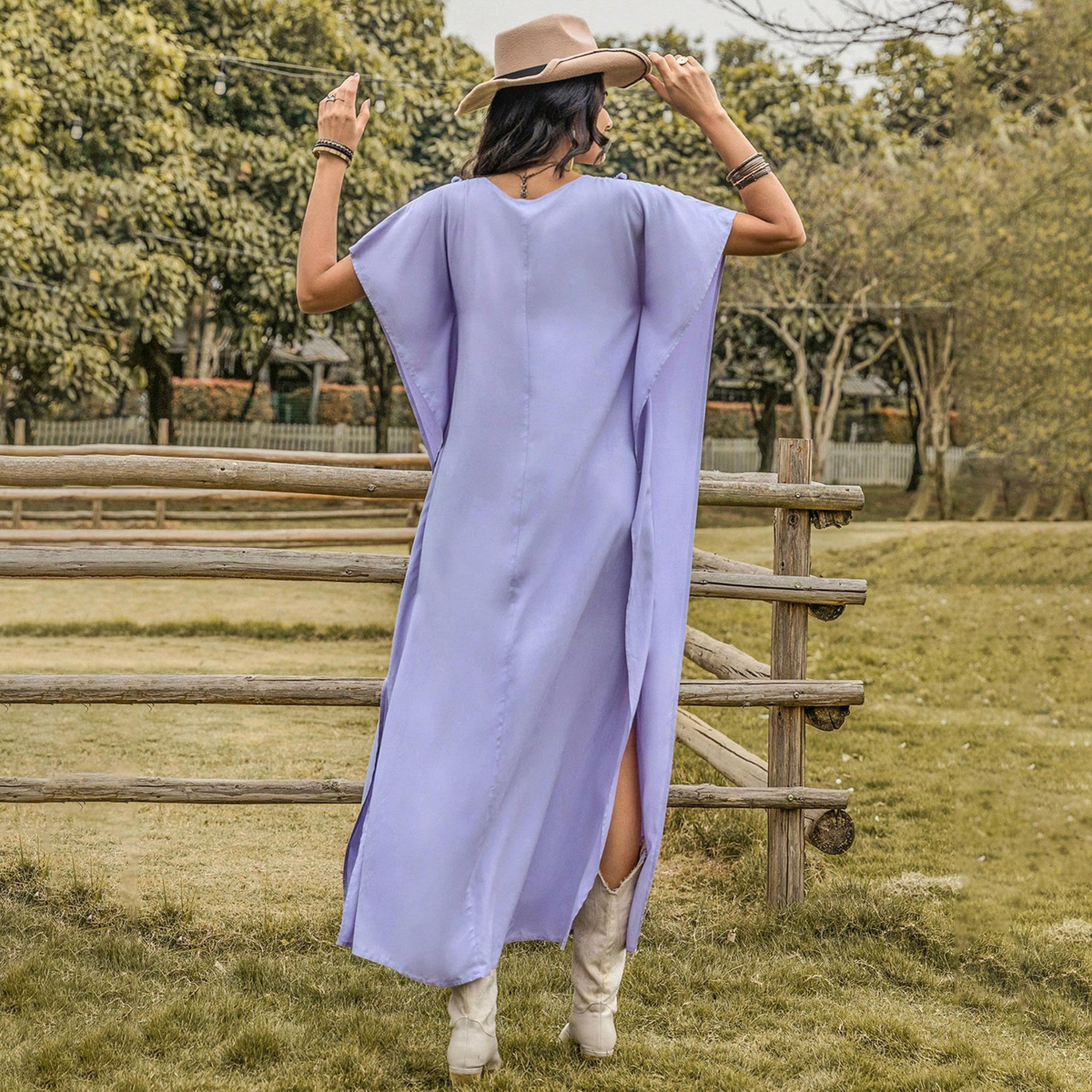 Russty Dustty X Styli Womens Solid V Neck Batwing Sleeve Summer Maxi Dress-women-clothing-dresses-image-2