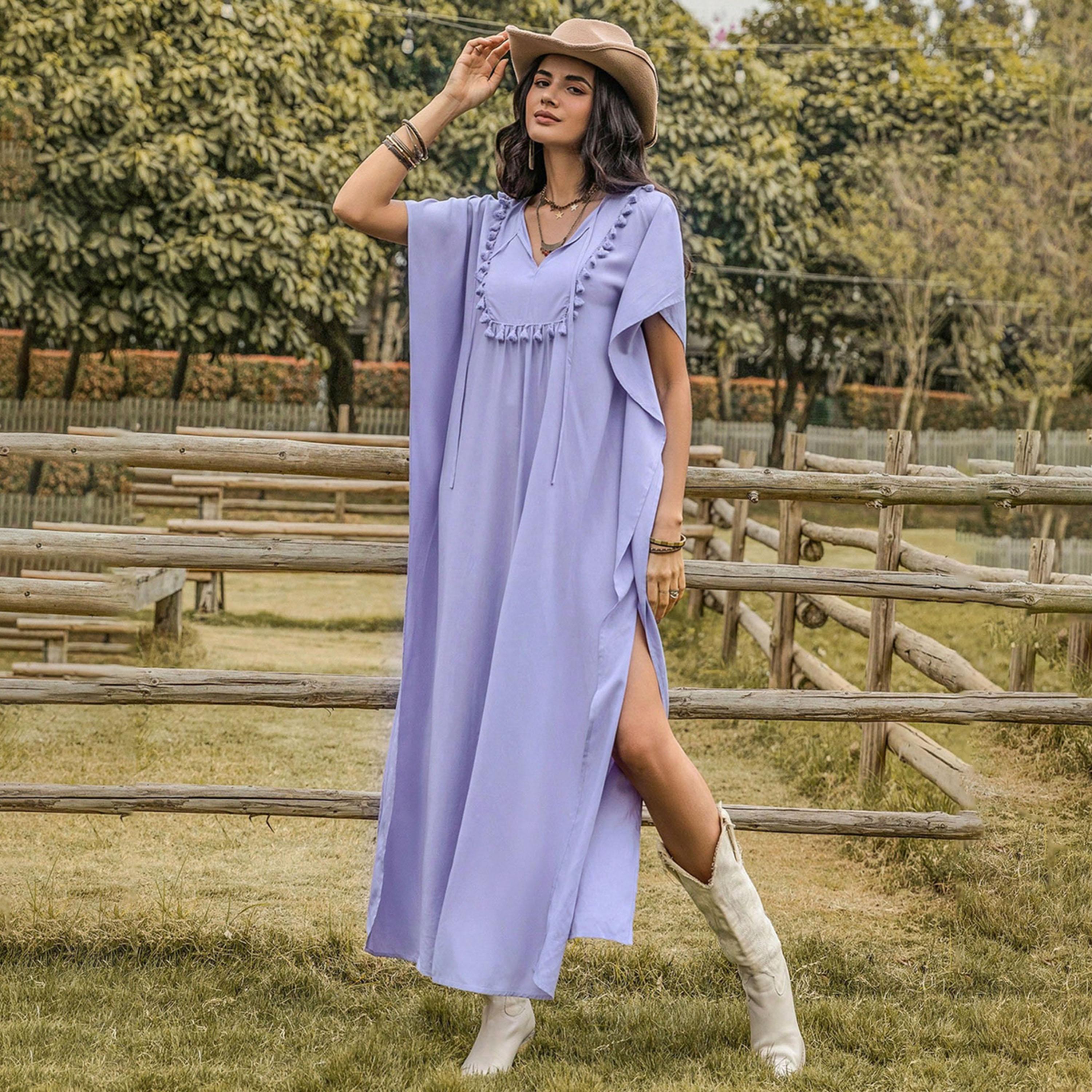 راستي دستي × ستايلي-  فستان ماكسي صيفي نسائي طويل ياقة على شكل حرف V وأكمام جناح الخفاش-women-clothing-dresses-image-3