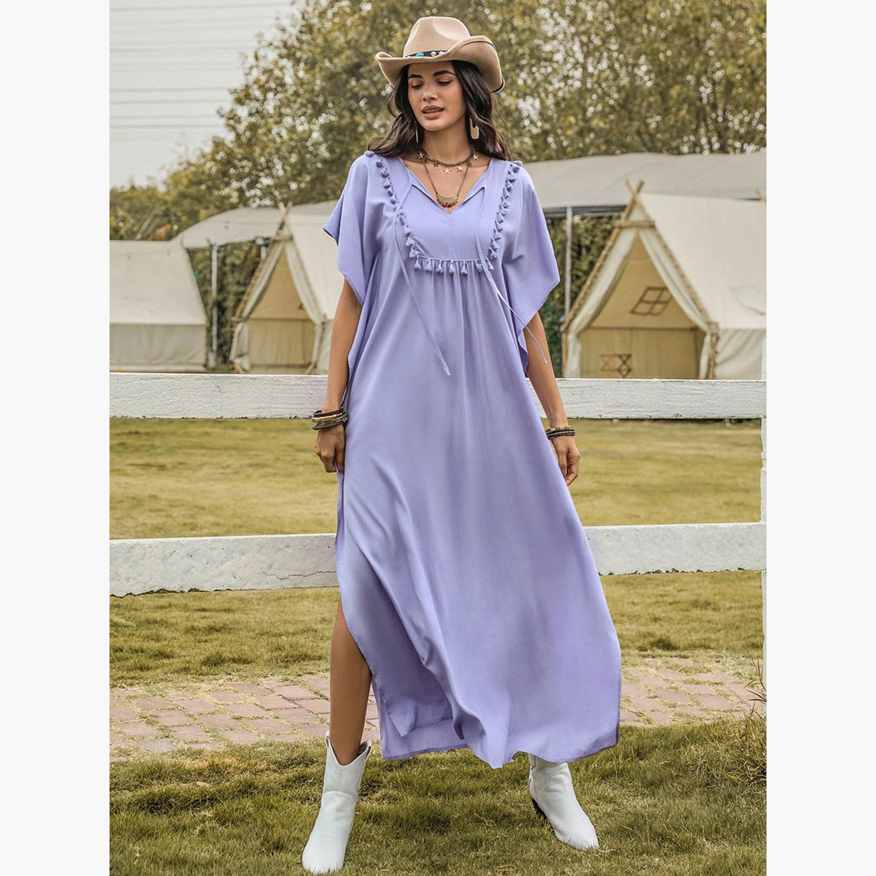 راستي دستي × ستايلي-  فستان ماكسي صيفي نسائي طويل ياقة على شكل حرف V وأكمام جناح الخفاش-women-clothing-dresses-image-4
