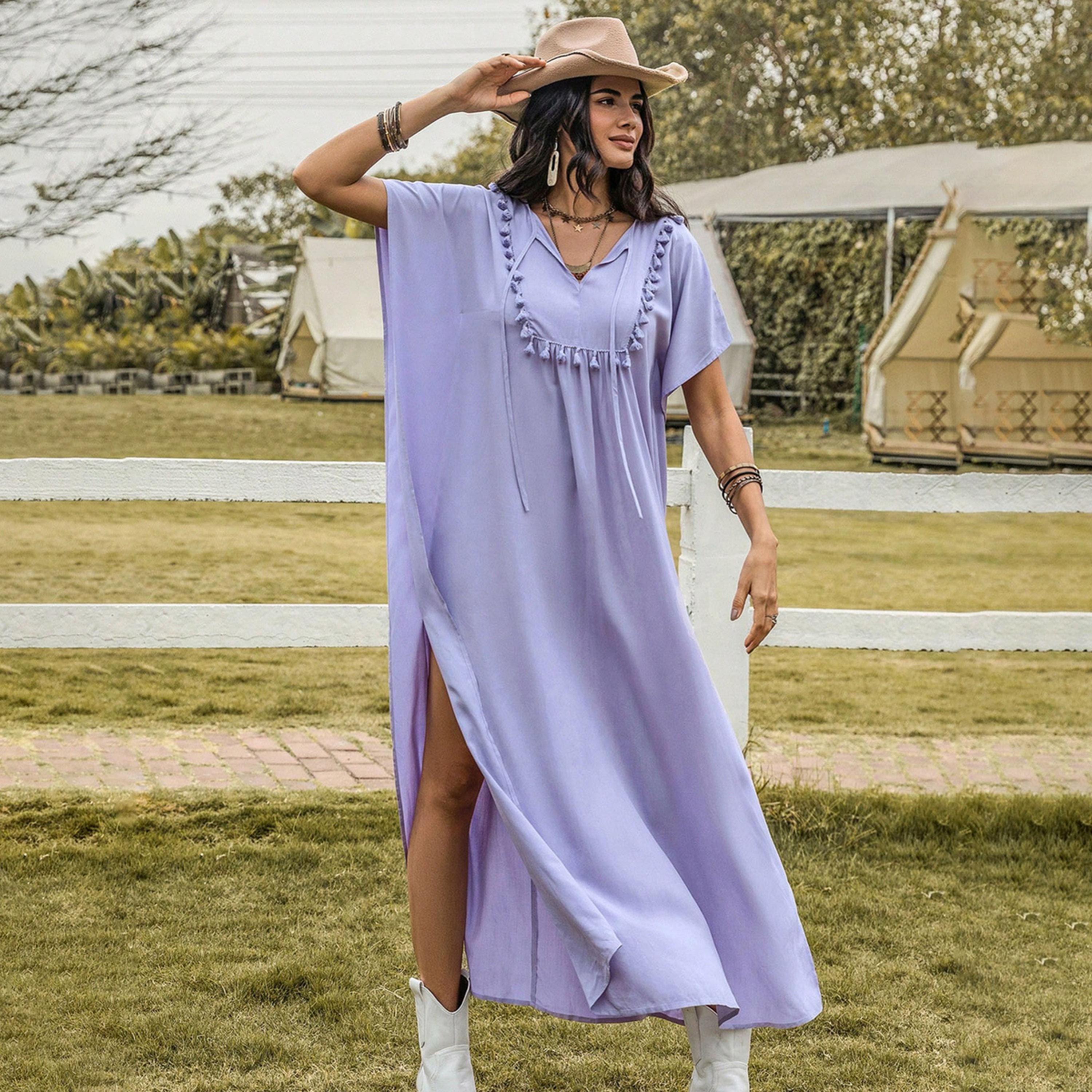 Russty Dustty X Styli Womens Solid V Neck Batwing Sleeve Summer Maxi Dress-women-clothing-dresses-image-5