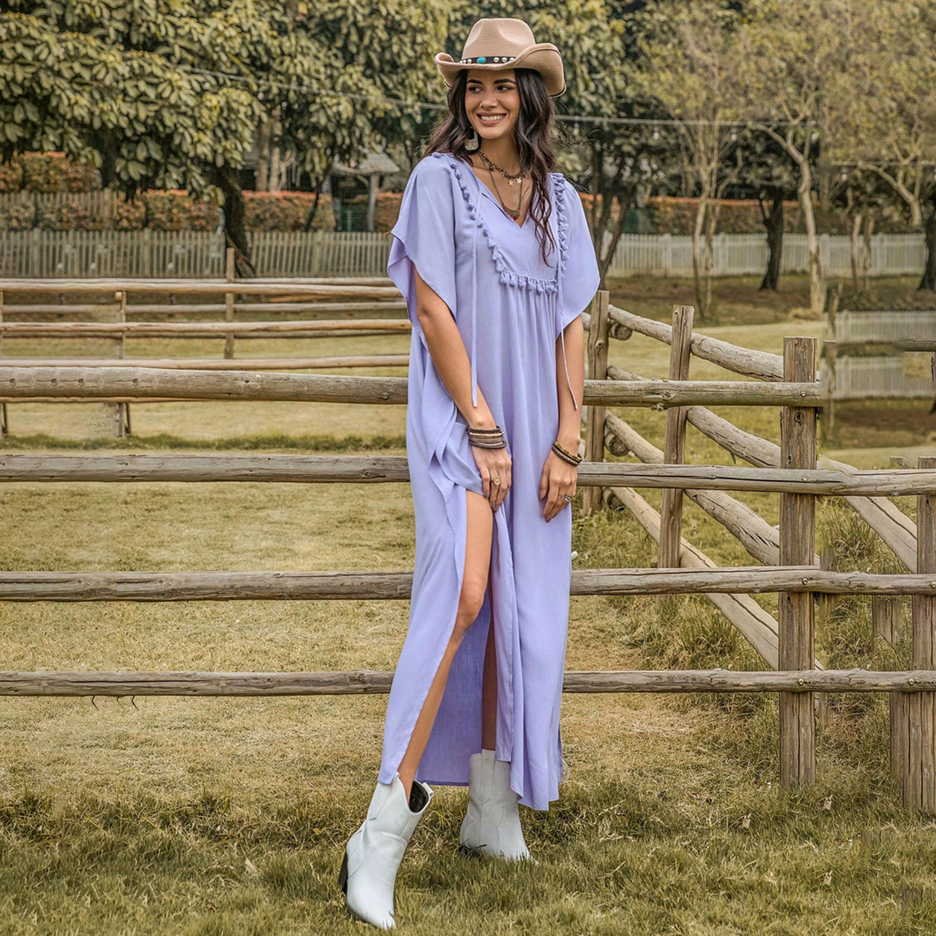 راستي دستي × ستايلي-  فستان ماكسي صيفي نسائي طويل ياقة على شكل حرف V وأكمام جناح الخفاش-women-clothing-dresses-image-6