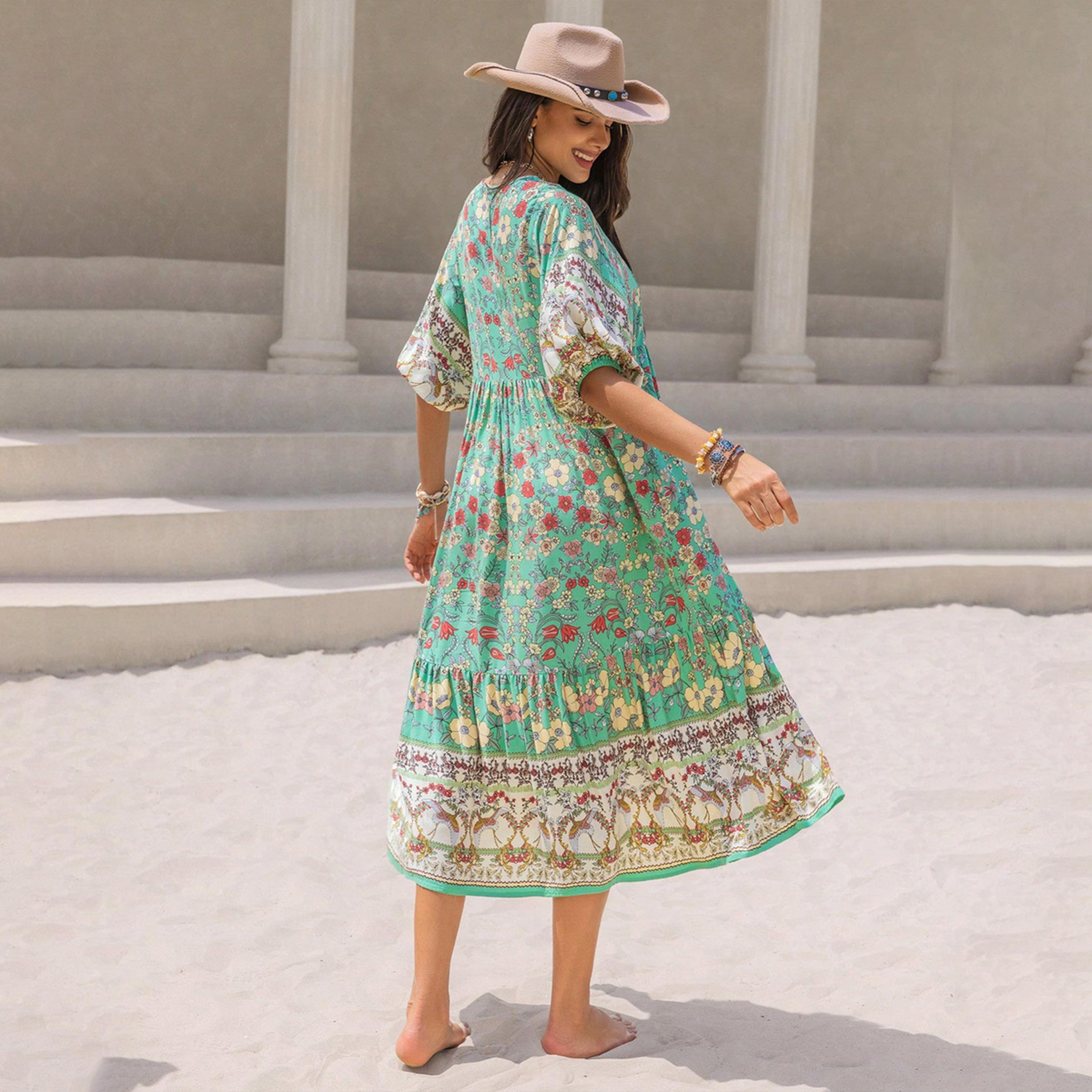 Russty Dustty X Styli Bohemian Printed V Neck Half Sleeve Midi Dress-women-clothing-dresses-image-2