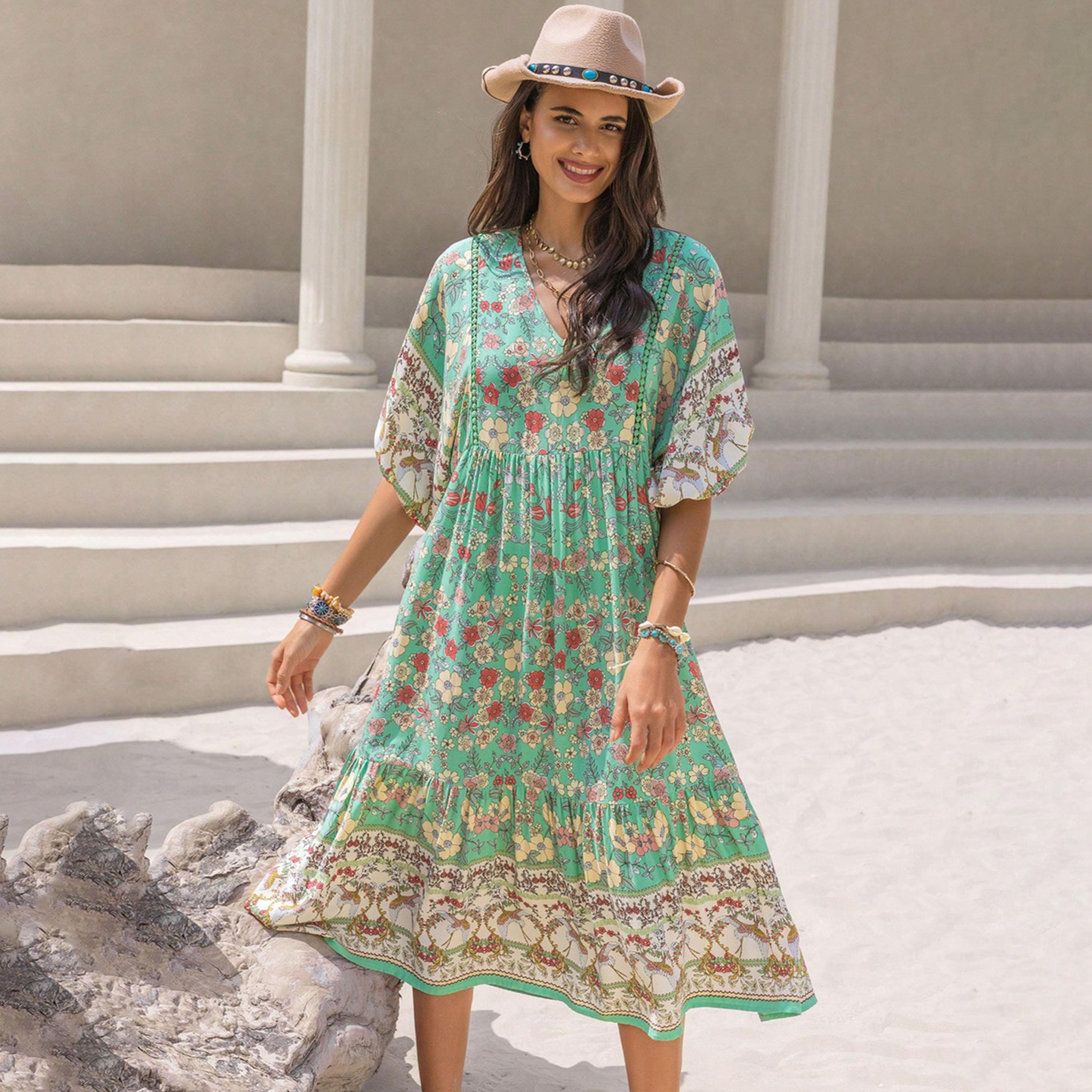 راستي دستي × ستايلي-  فستان بوهيمي مطبوع برقبة على شكل حرف V ونصف كم-women-clothing-dresses-image-3