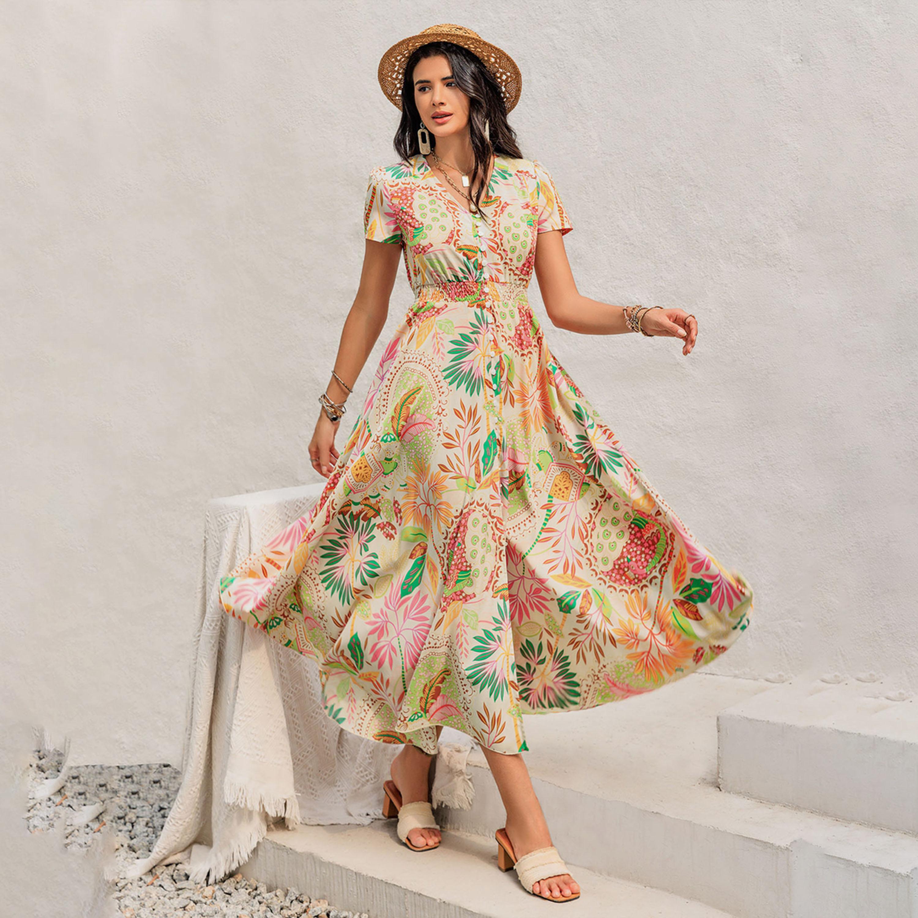 راستي دستي × ستايلي-  فستان نسائي متوسط ​​الطول برقبة على شكل حرف V وأكمام قصيرة مورّد-women-clothing-dresses-image-1