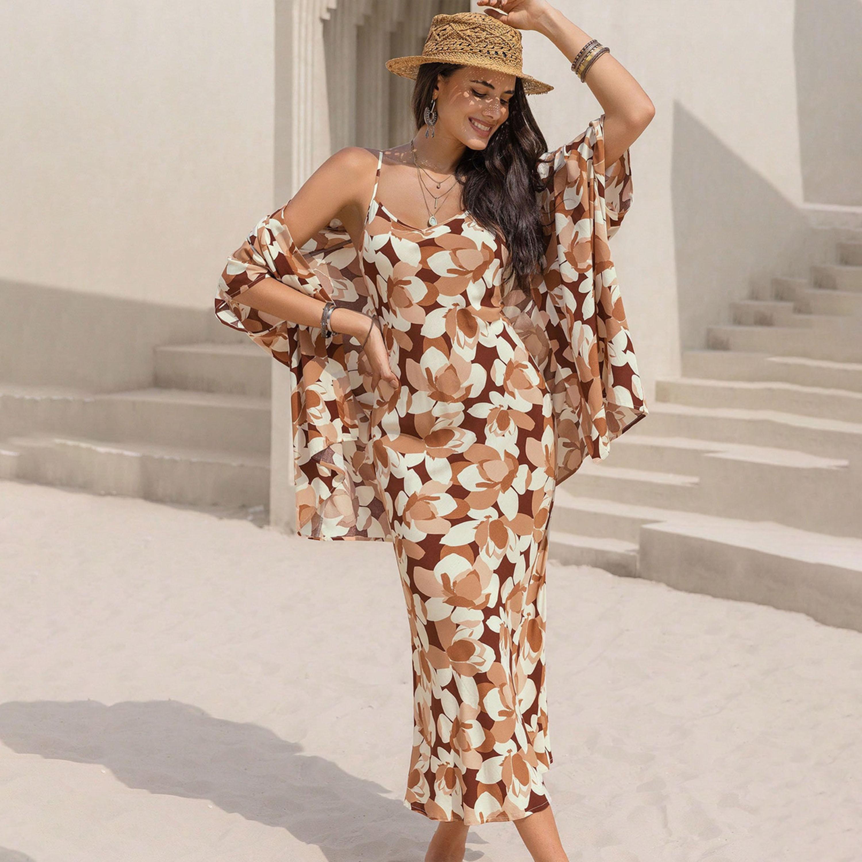 راستي دستي × ستايلي-  فستان كامي نسائي مطبوع بالكامل مع معطف أمامي مفتوح-women-clothing-coordsets-image-1