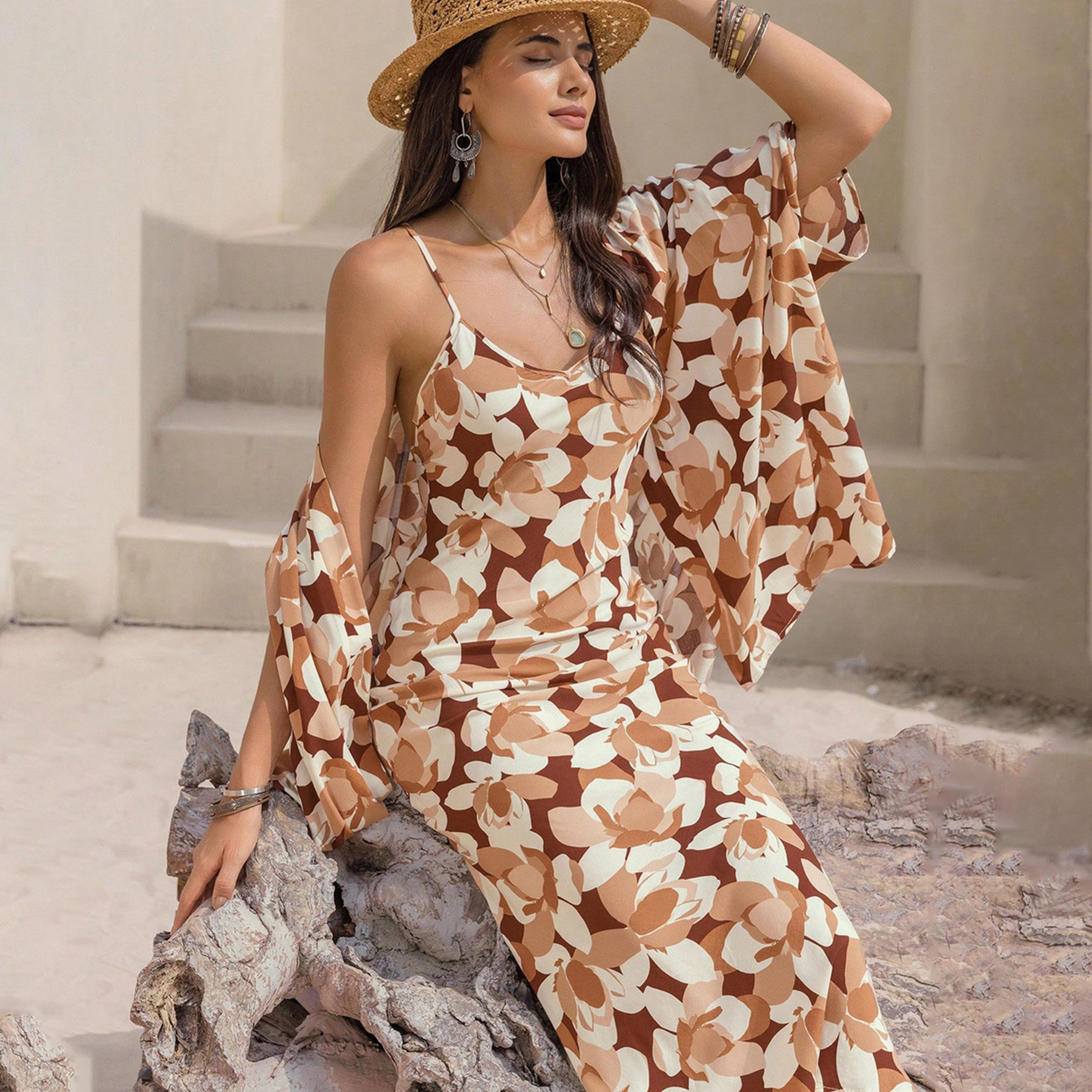 راستي دستي × ستايلي-  فستان كامي نسائي مطبوع بالكامل مع معطف أمامي مفتوح-women-clothing-coordsets-image-3