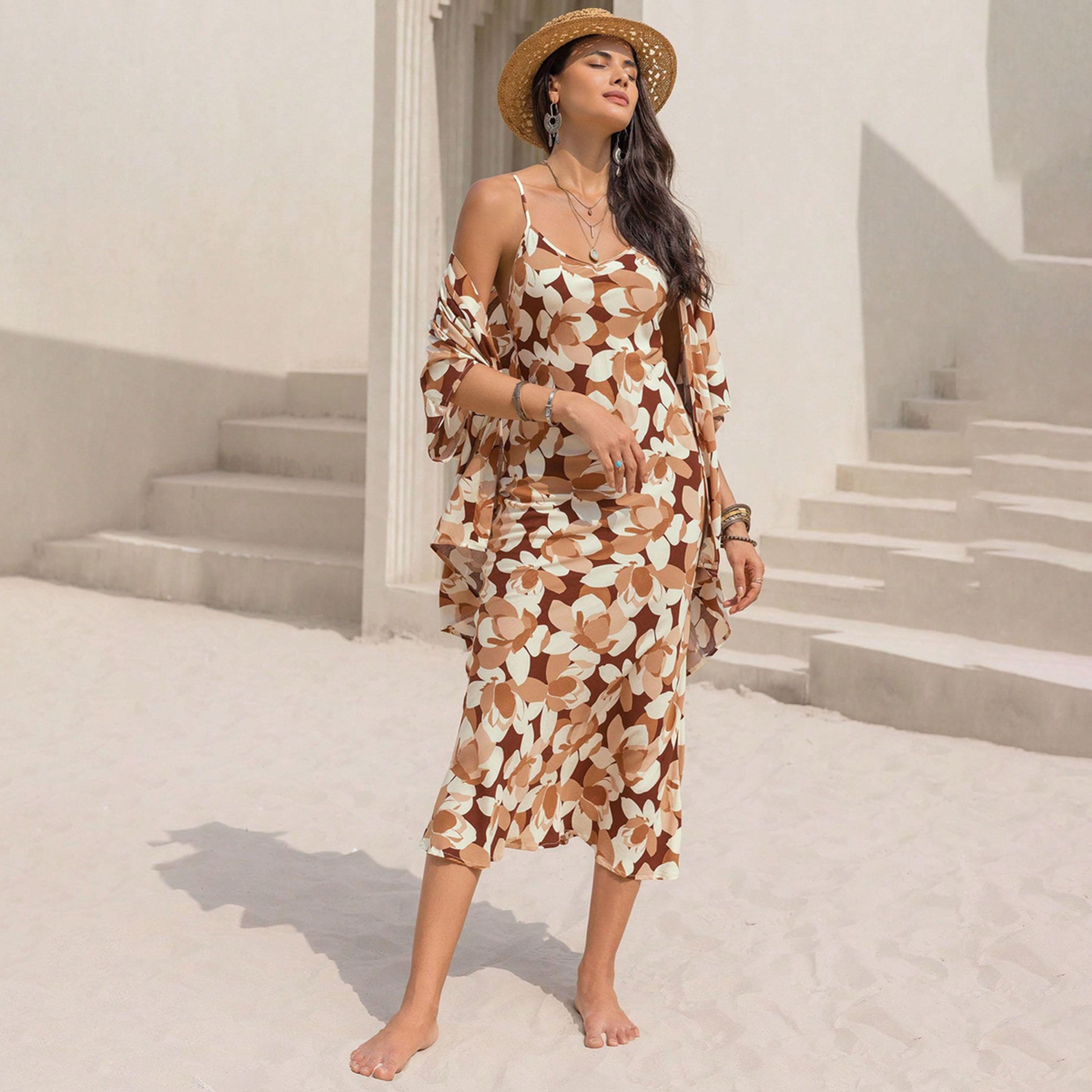 راستي دستي × ستايلي-  فستان كامي نسائي مطبوع بالكامل مع معطف أمامي مفتوح-women-clothing-coordsets-image-4