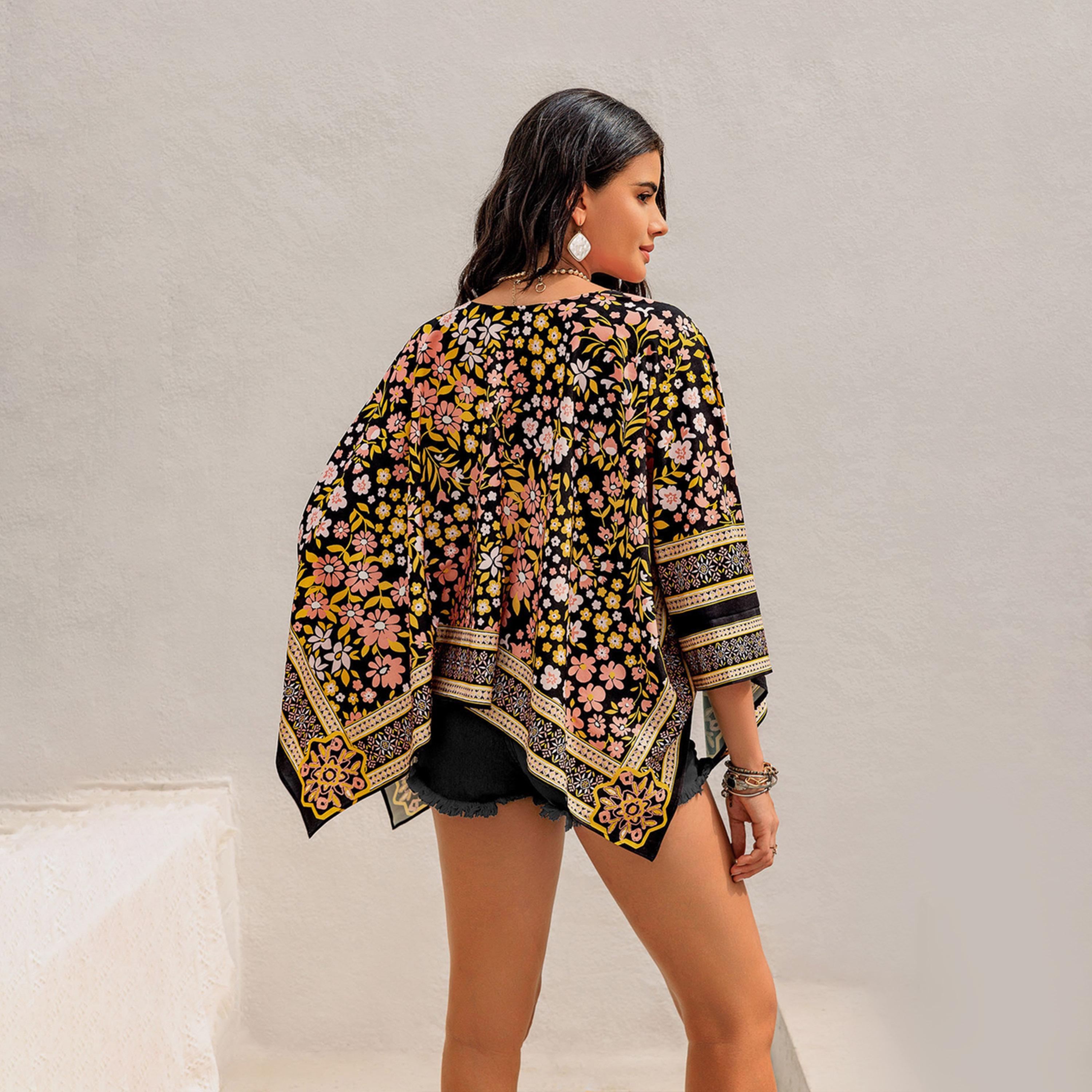 راستي دستي × ستايلي-  كيمونو نسائي قصير بأكمام جناح الخفاش ومورّد-women-clothing-shirtsandblouses-shirts-image-2