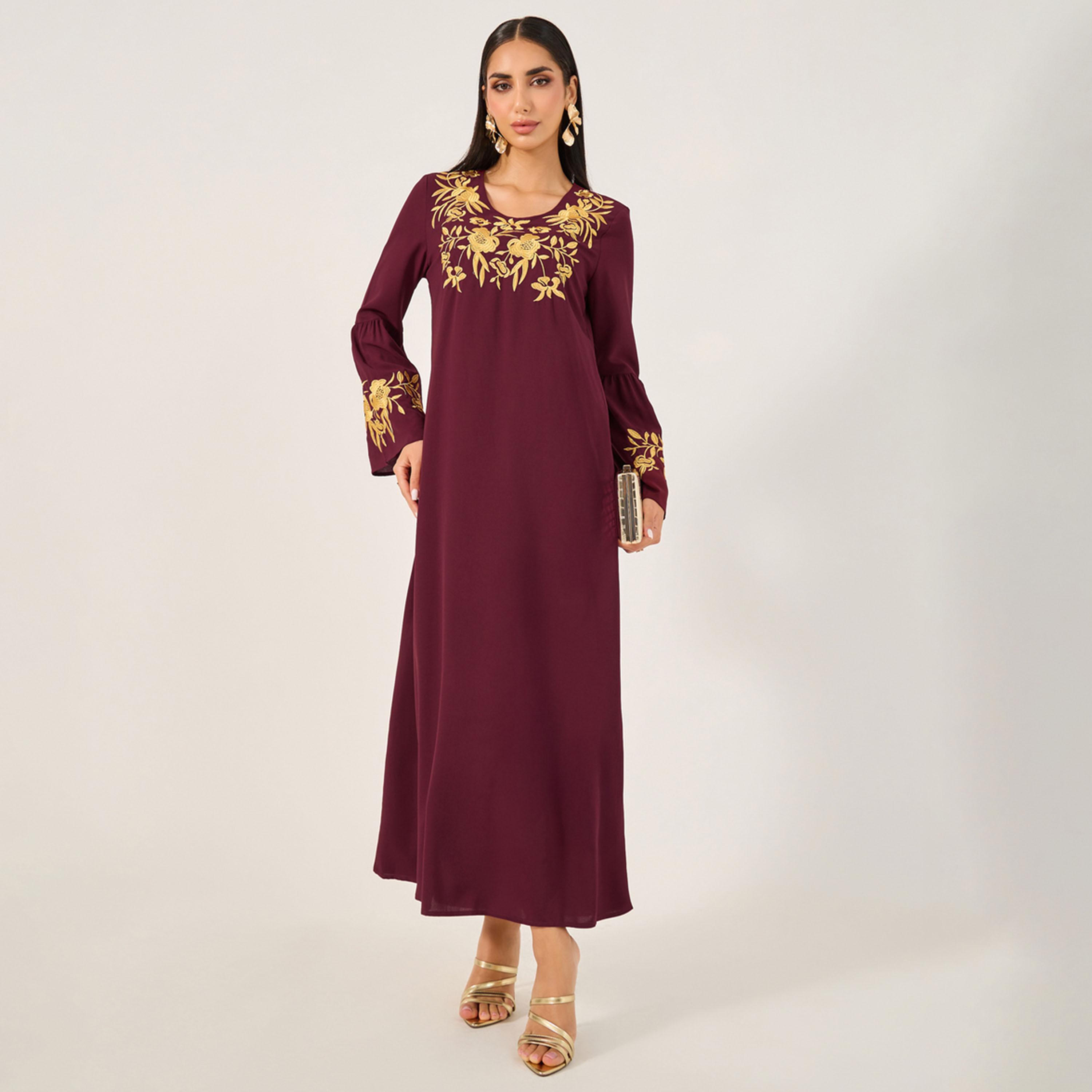 ستايلي - قفطان نسائي فضفاض برقبة دائرية وتفاصيل كسرات-women-arabicclothing-jalabiyas-image-1