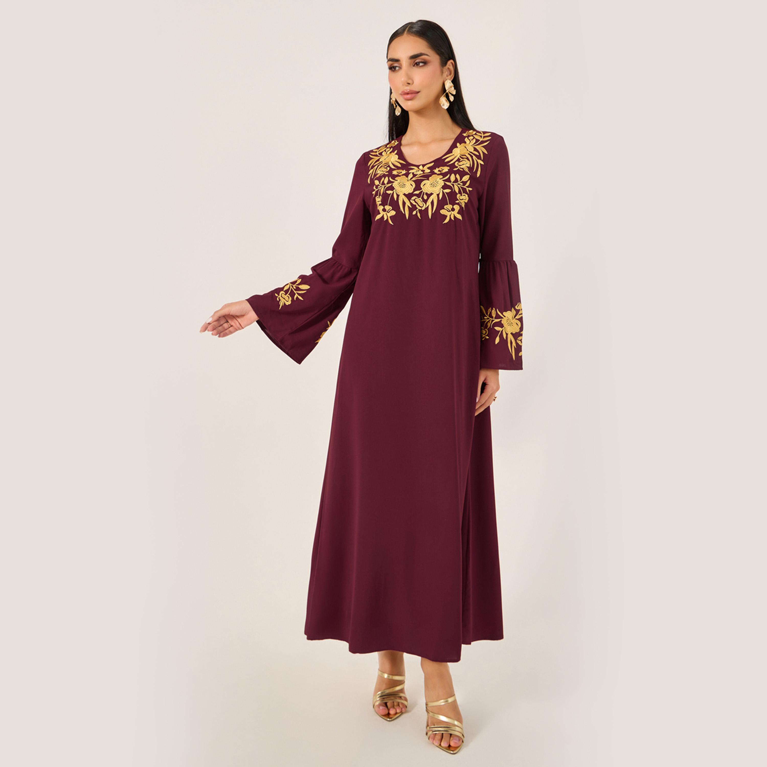 ستايلي - قفطان نسائي فضفاض برقبة دائرية وتفاصيل كسرات-women-arabicclothing-jalabiyas-image-2
