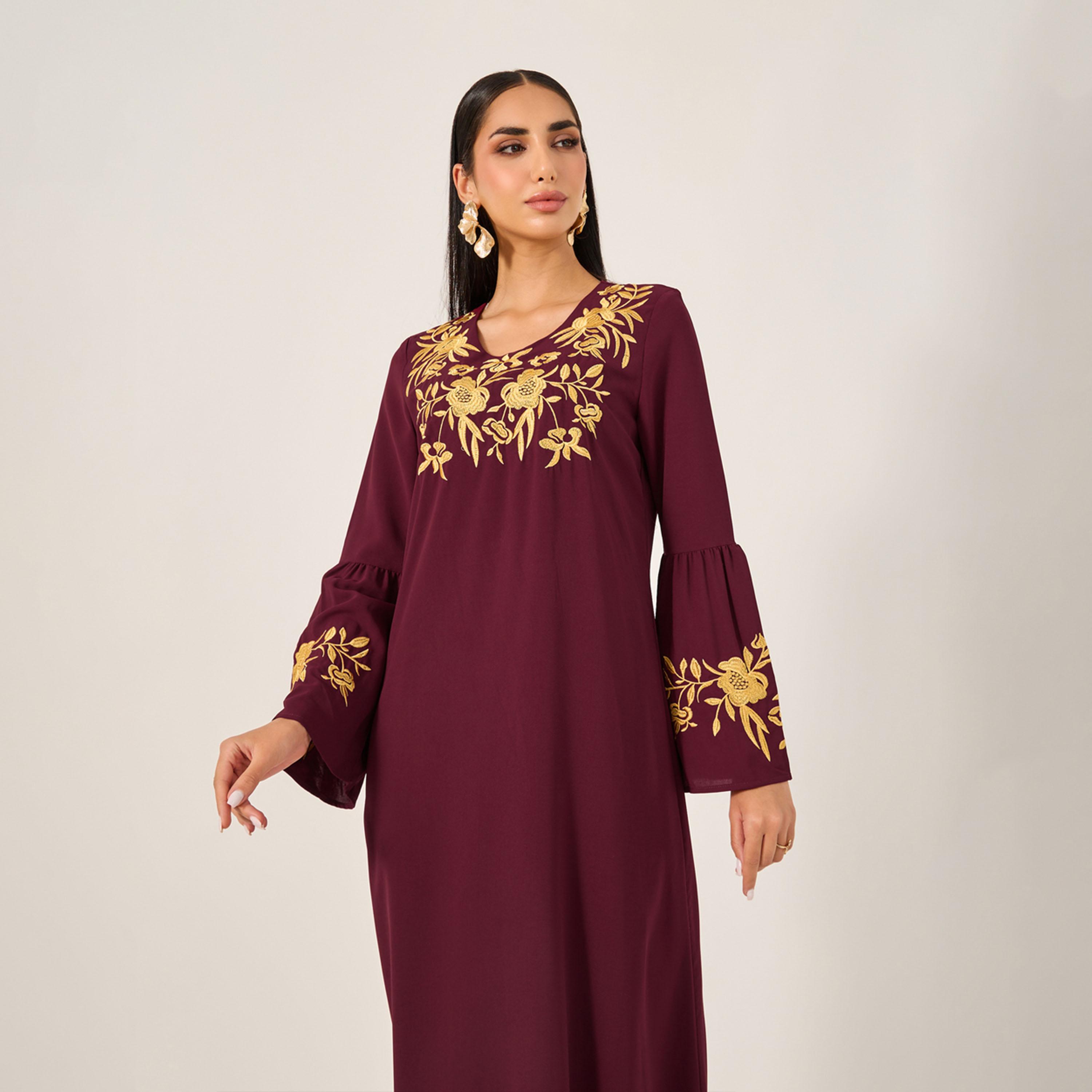 ستايلي - قفطان نسائي فضفاض برقبة دائرية وتفاصيل كسرات-women-arabicclothing-jalabiyas-image-3