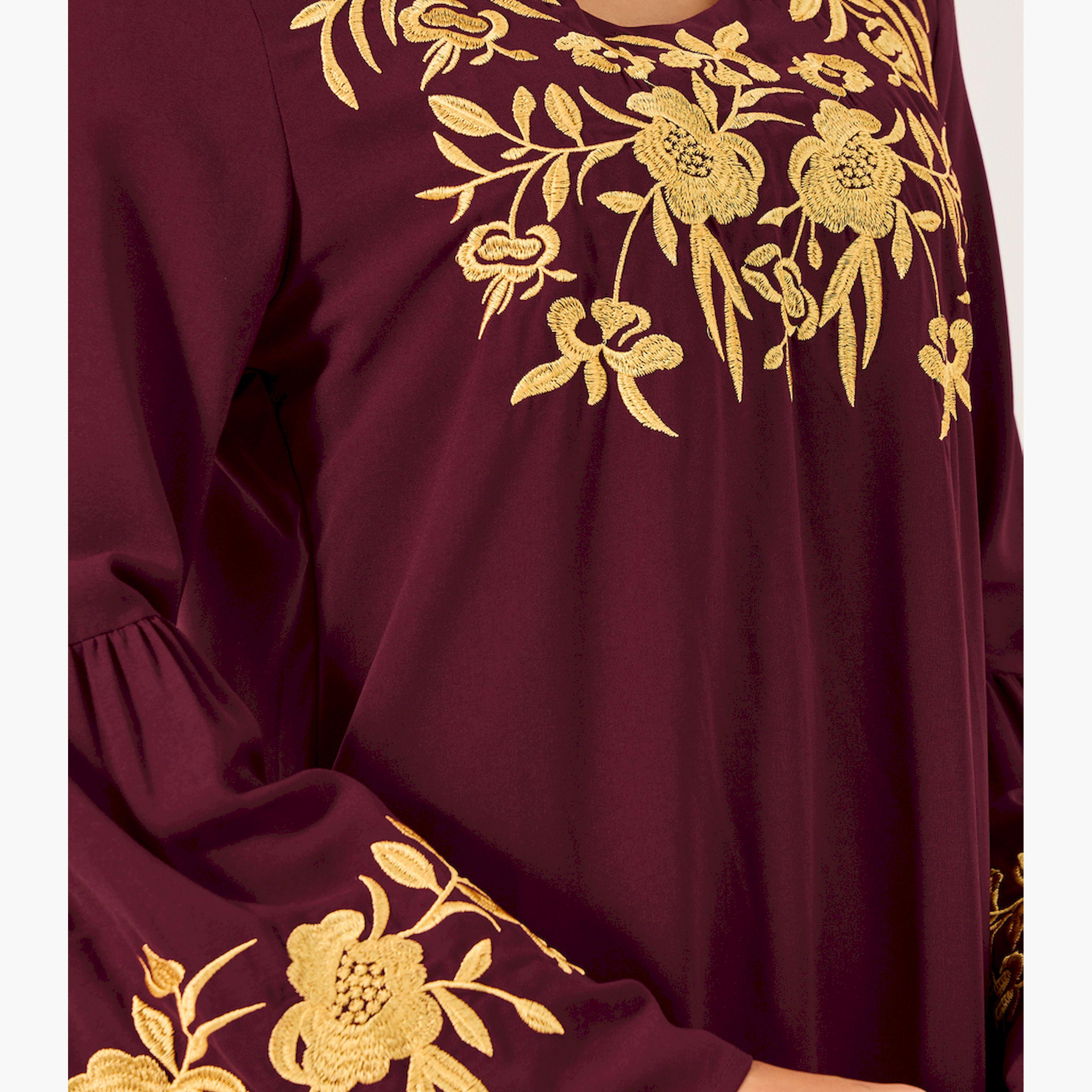 ستايلي - قفطان نسائي فضفاض برقبة دائرية وتفاصيل كسرات-women-arabicclothing-jalabiyas-image-4