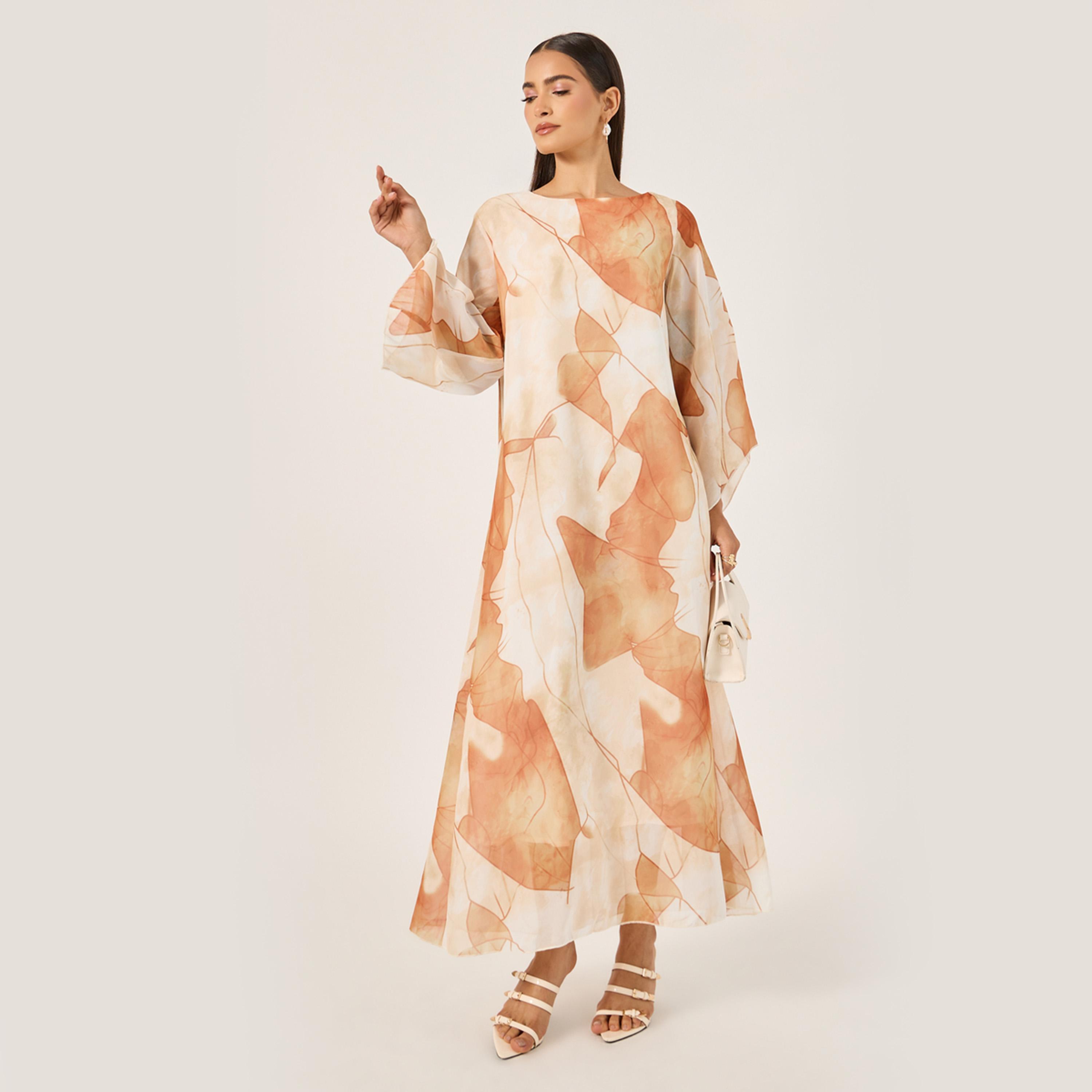 ستايلي - فستان نسائي ماكسي بأكمام طويلة ورقبة على شكل حرف V وطبعة كاملة-women-arabicclothing-jalabiyas-image-2