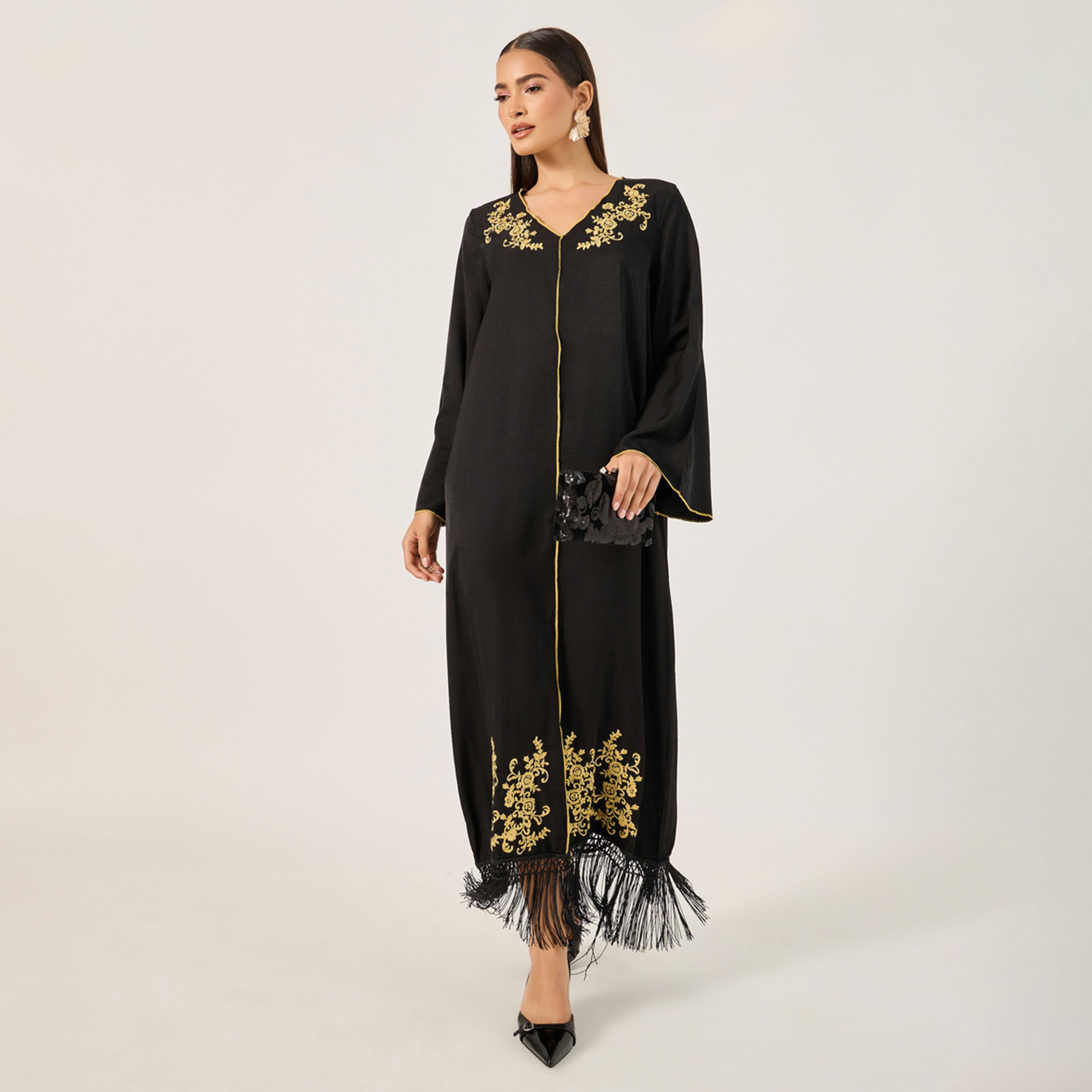ستايلي - جلابية نسائية سادة فضفاضة بياقة دائرية وأكمام طويلة-women-arabicclothing-jalabiyas-image-1