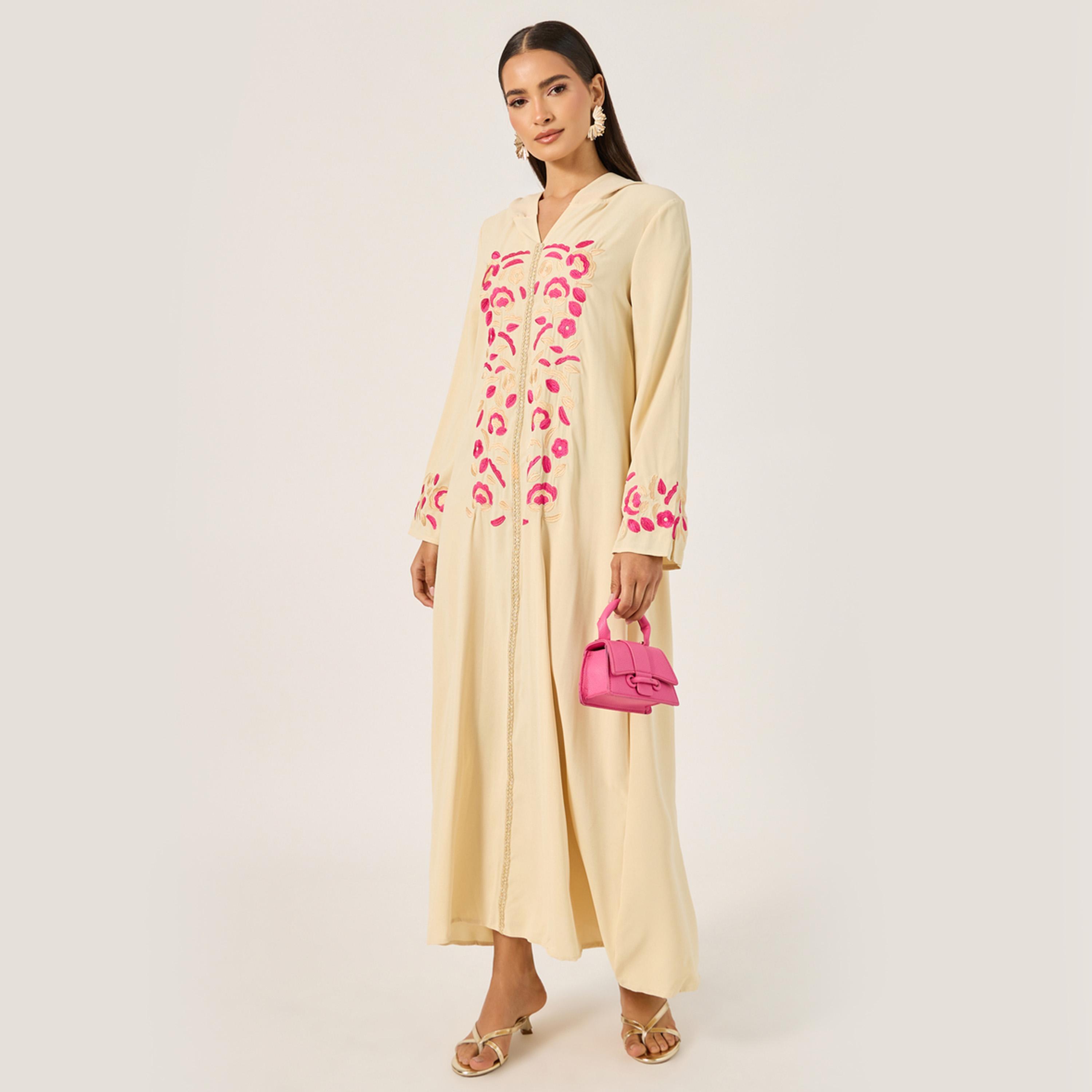 ستايلي - جلابية أنيقة بأكمام طويلة مزينة بالورود للنساء-women-arabicclothing-jalabiyas-image-2