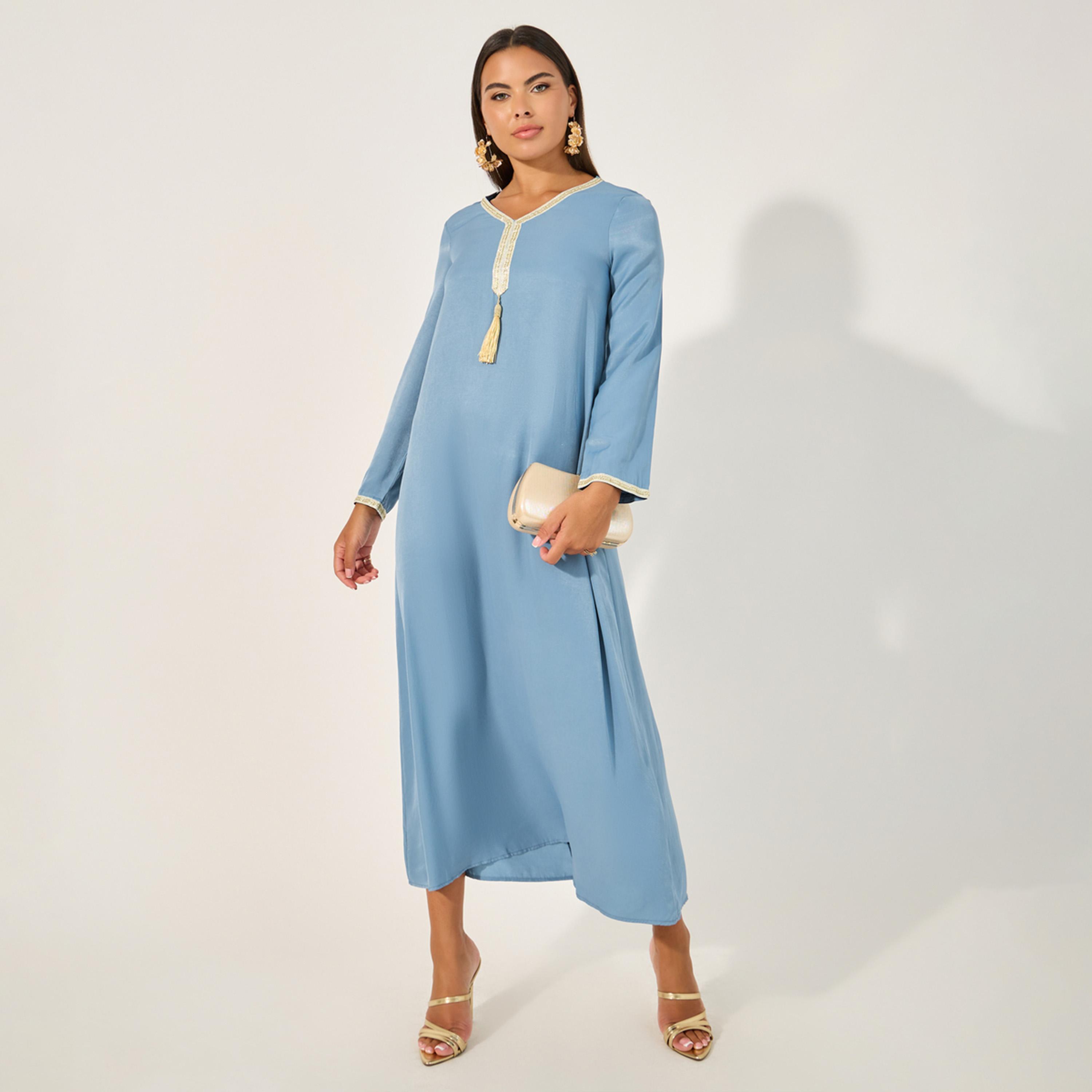 Styli Lace Detail Tasseled V-Neck A-Line Jalabiya-women-arabicclothing-jalabiyas-image-2