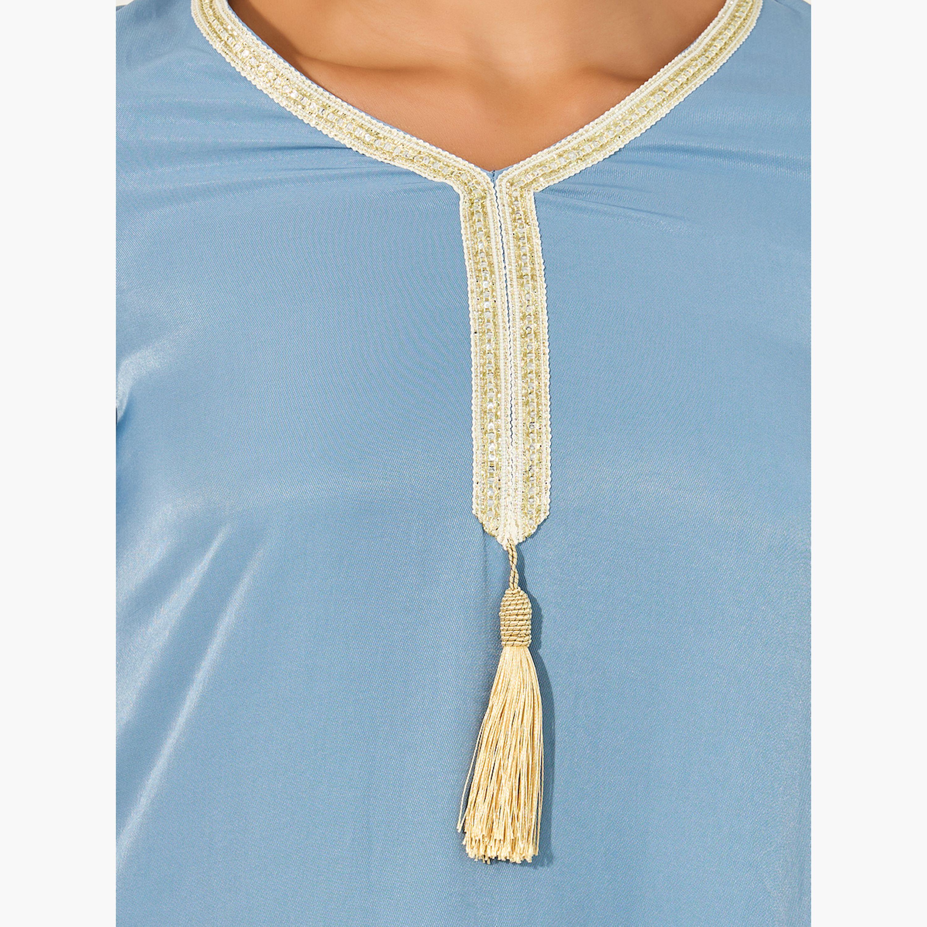 Styli Lace Detail Tasseled V-Neck A-Line Jalabiya-women-arabicclothing-jalabiyas-image-4
