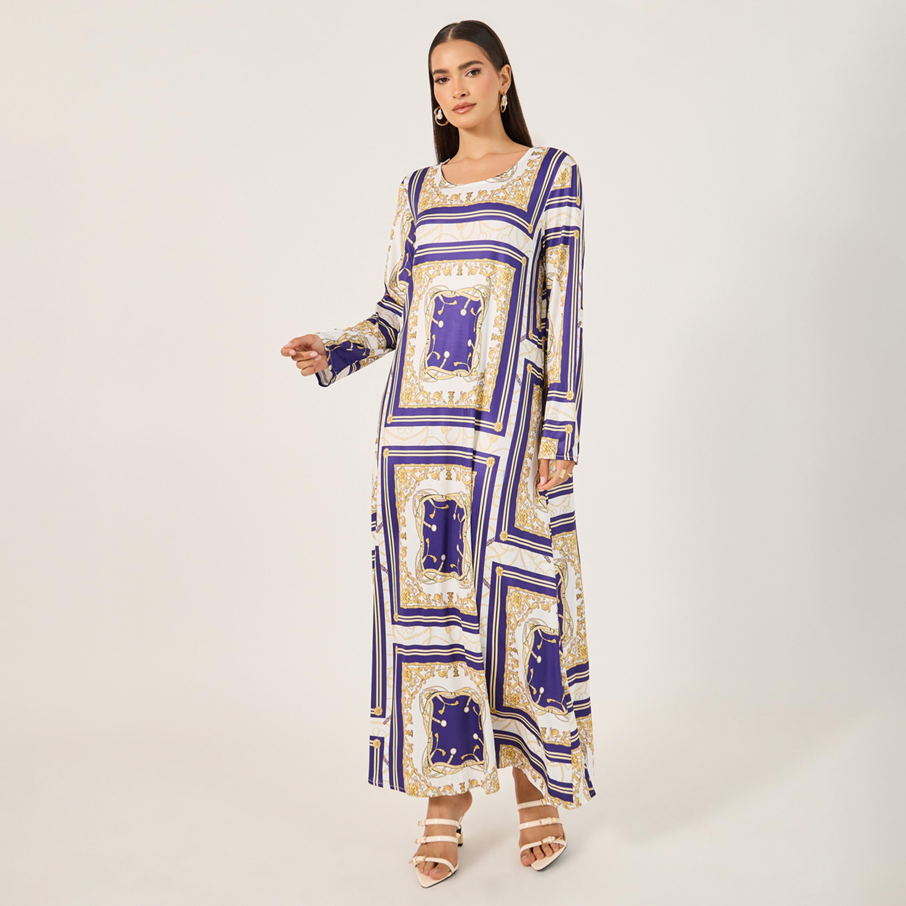 Styli Womens Geometric Print  Long Sleeve Jalabiya-women-arabicclothing-jalabiyas-image-1