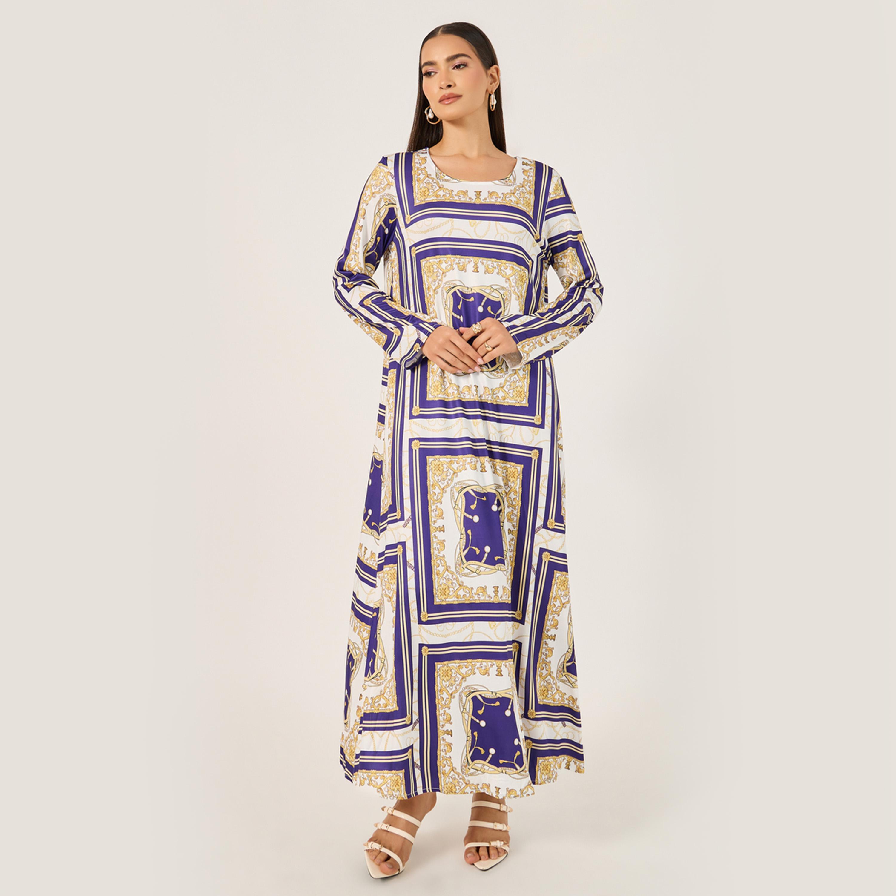 Styli Womens Geometric Print  Long Sleeve Jalabiya-women-arabicclothing-jalabiyas-image-2