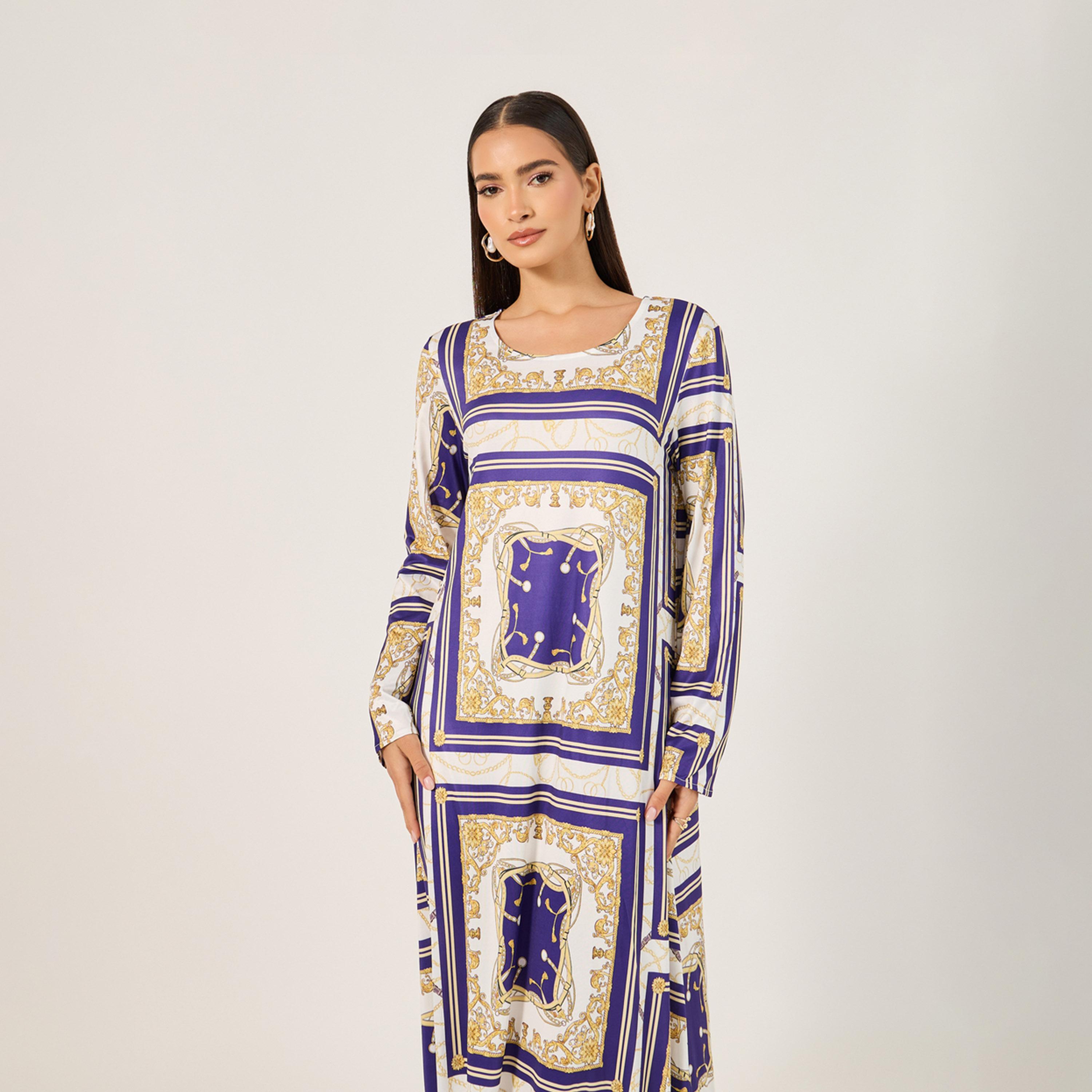 Styli Womens Geometric Print  Long Sleeve Jalabiya-women-arabicclothing-jalabiyas-image-3