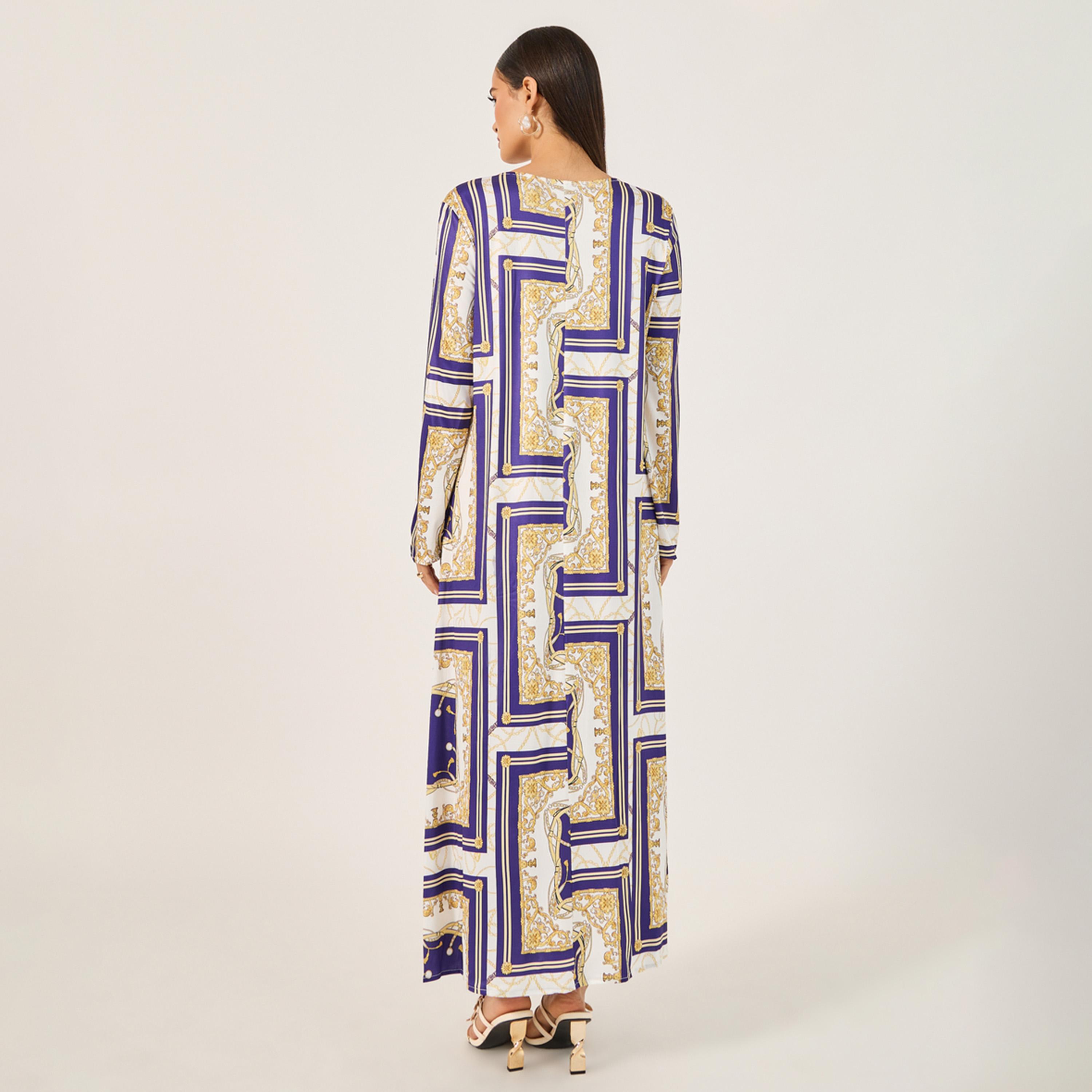 Styli Womens Geometric Print  Long Sleeve Jalabiya-women-arabicclothing-jalabiyas-image-5
