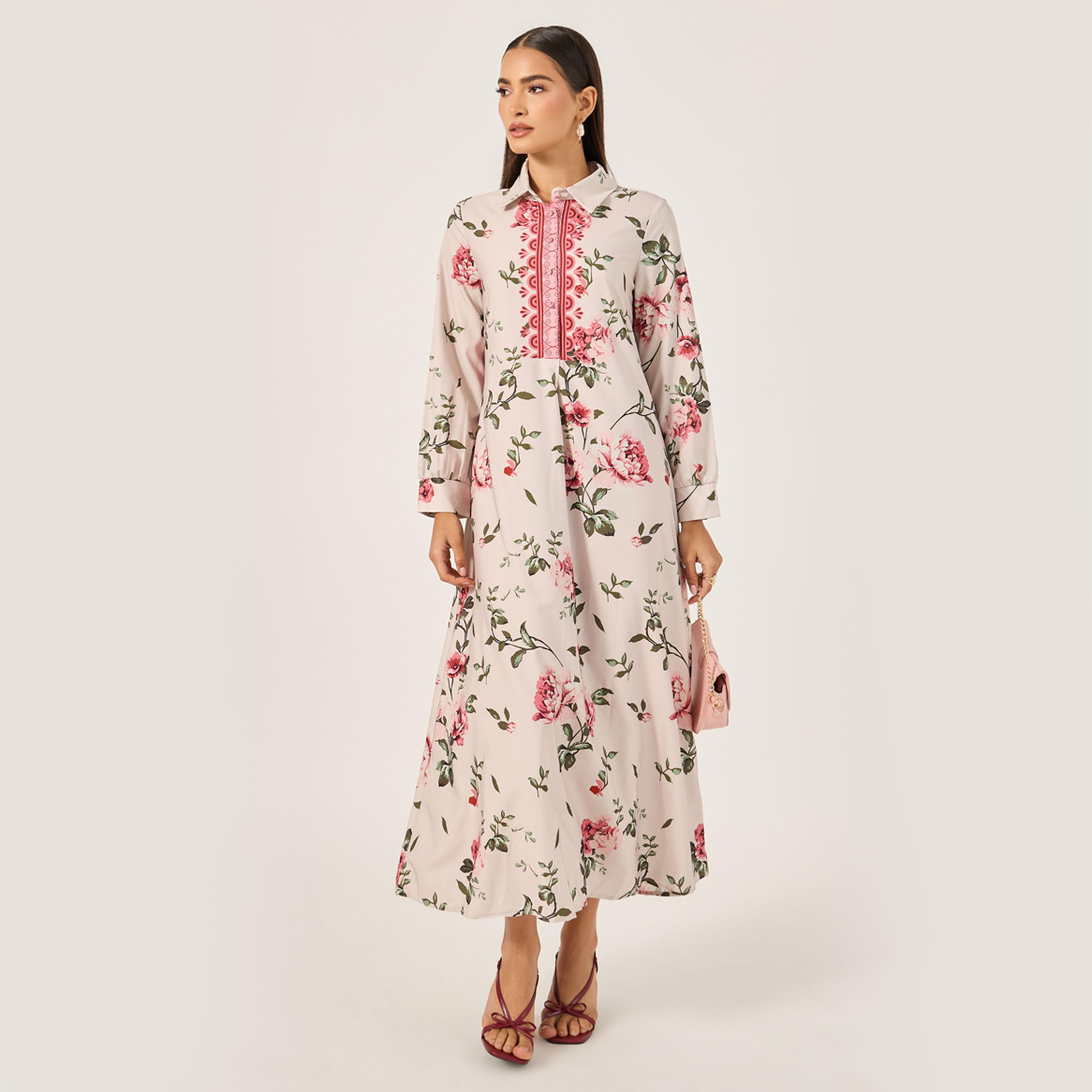 Styli Womens Casual Hooded Floral Printed Long Sleeve Jalabiya-women-clothing-dresses-image-2