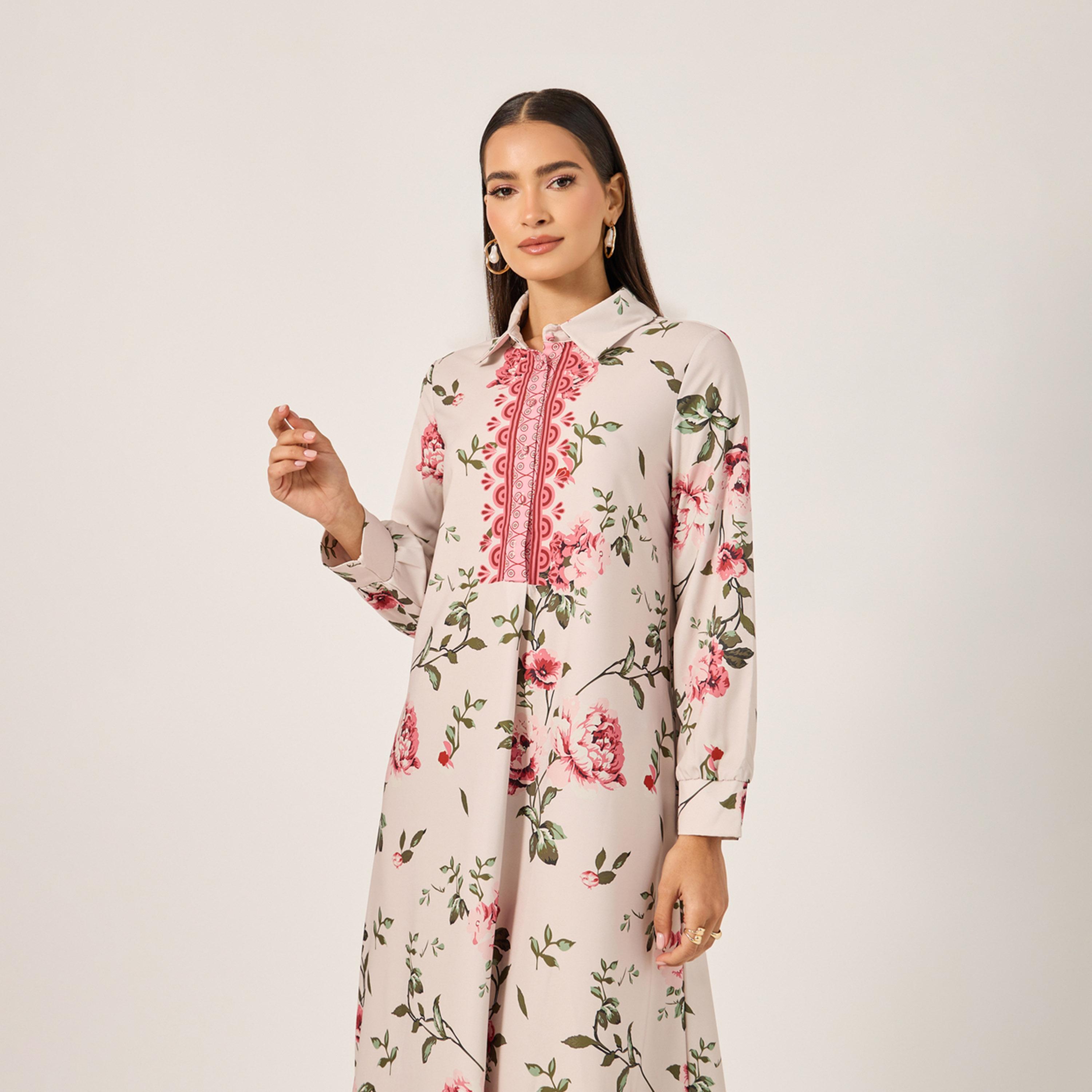 Styli Womens Casual Hooded Floral Printed Long Sleeve Jalabiya-women-clothing-dresses-image-3