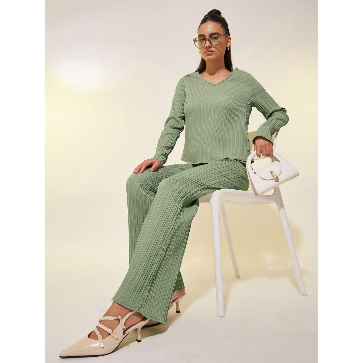 Styli Textured V Neck Long Sleeve Top and Pants Co-Ords-women-clothing-coordsets-image-1