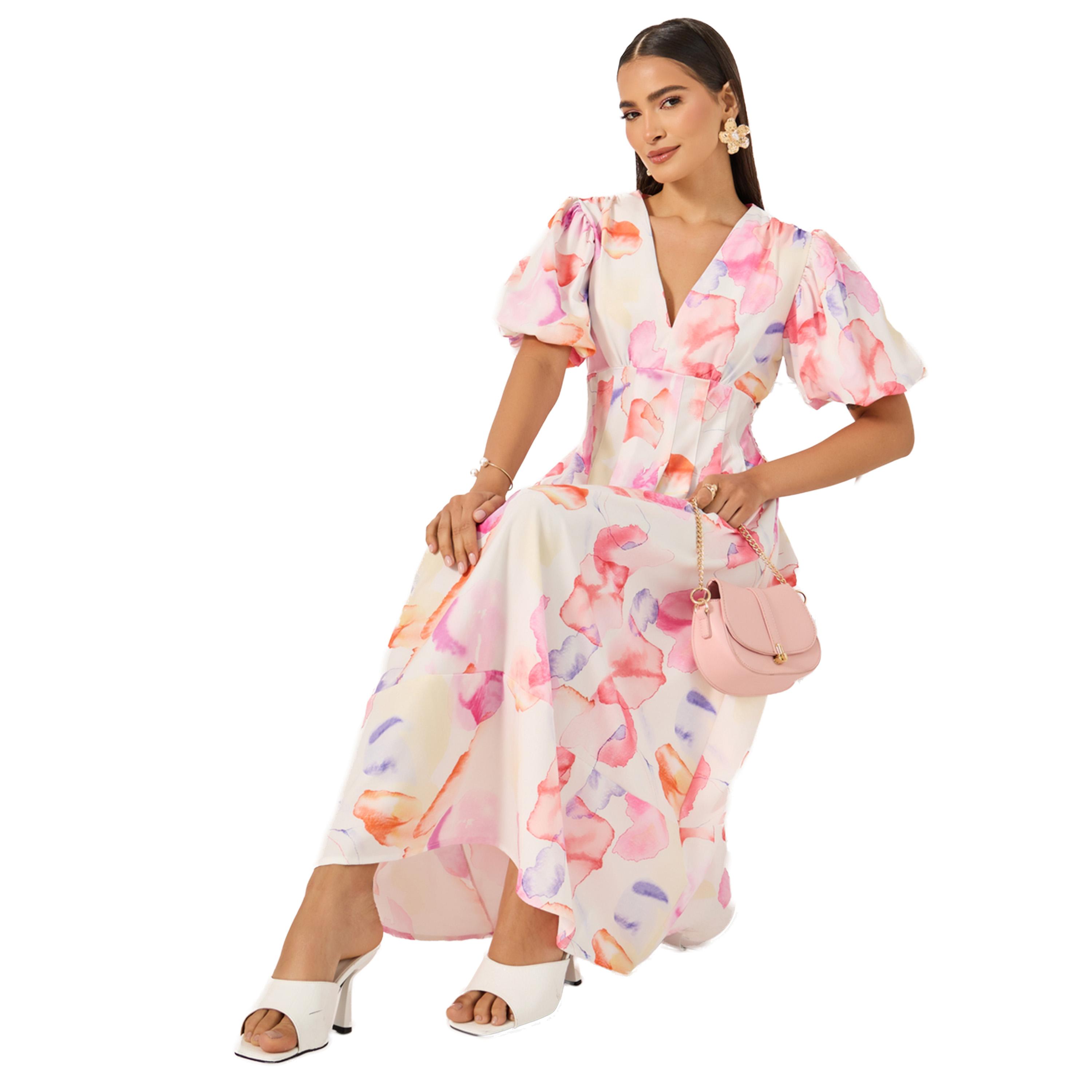 ستايلي - فستان ماكسي بطبعة زهور وأكمام منفوخة-women-clothing-dresses-image-1