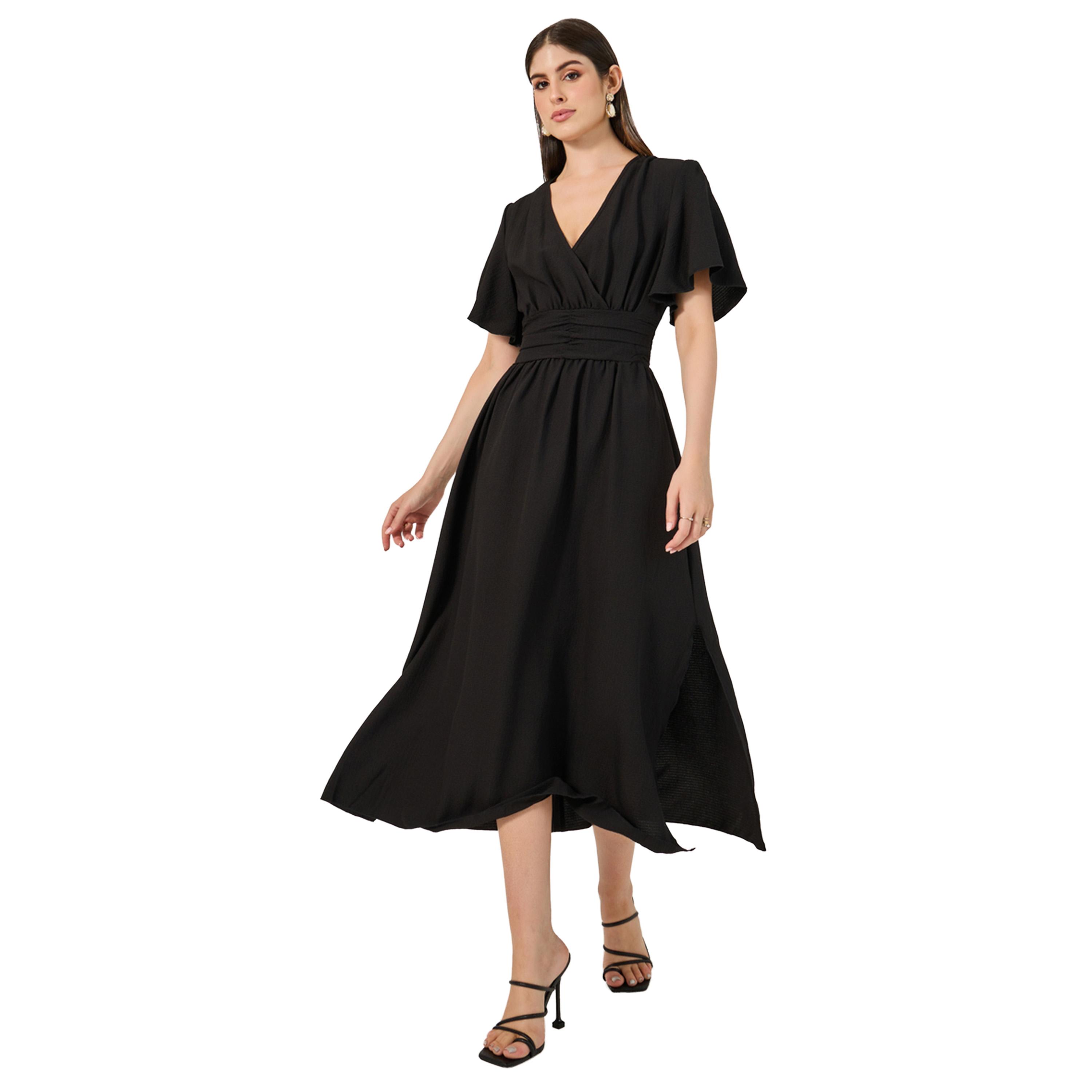 ستايلي- فستان ماكسي سادة بأكمام واسعة وقصة A-women-clothing-dresses-image-1