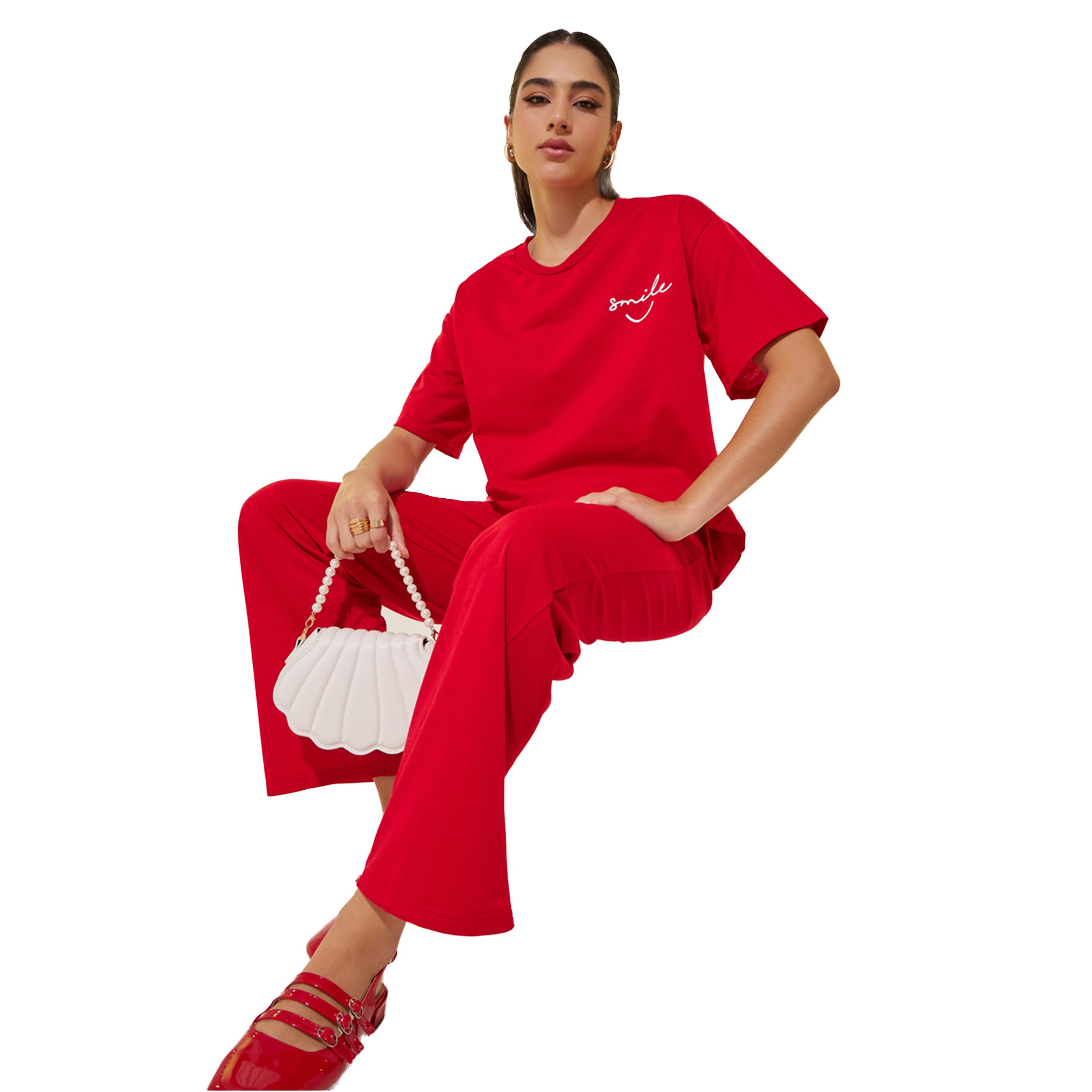 Take Two Knitted Solid Regular T-Shirt and Trousers Set-women-clothing-coordsets-image-1