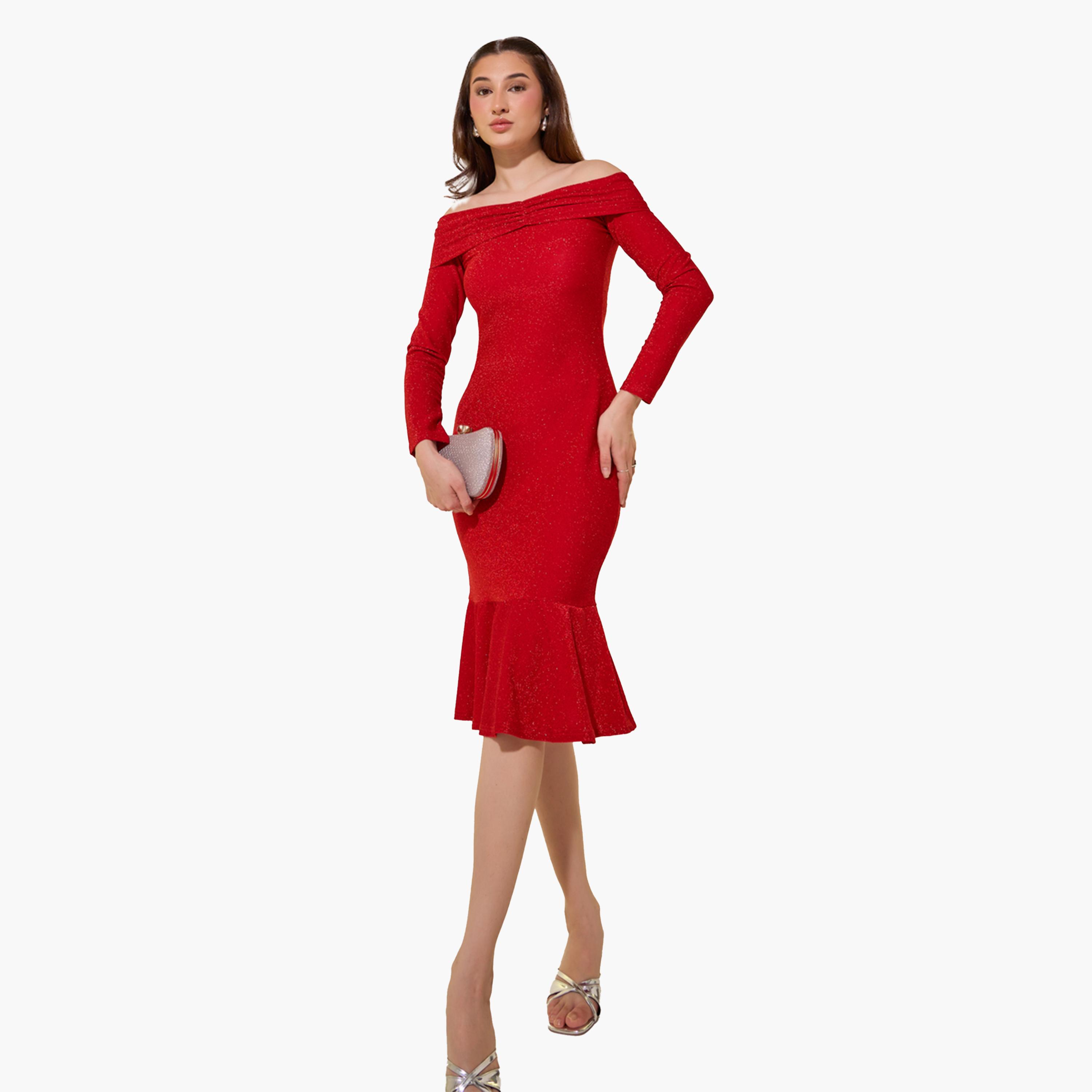 Take Two Metallic Design Off Shoulder Mermaid Midi Dress-women-clothing-dresses-image-1
