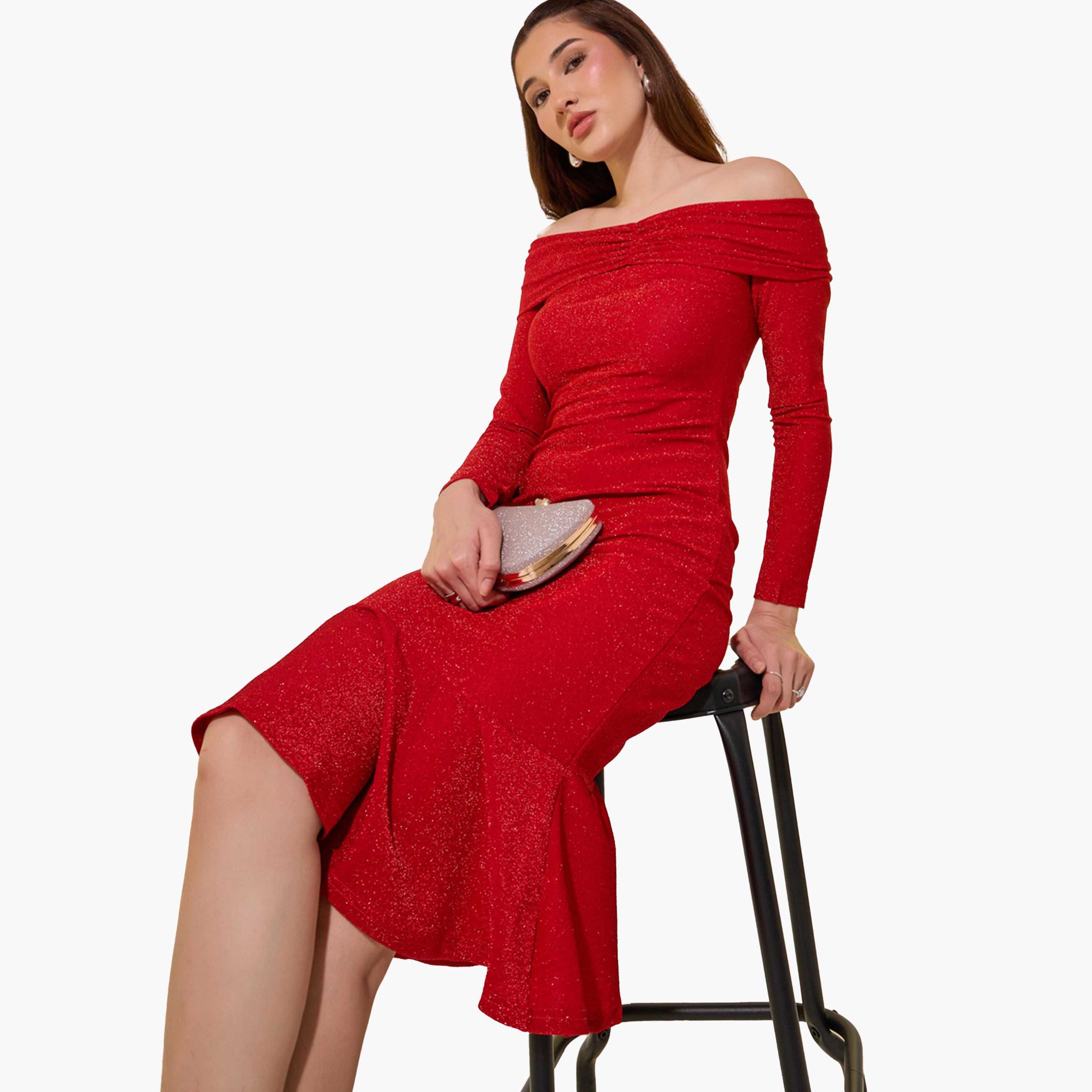 Take Two Metallic Design Off Shoulder Mermaid Midi Dress-women-clothing-dresses-image-2