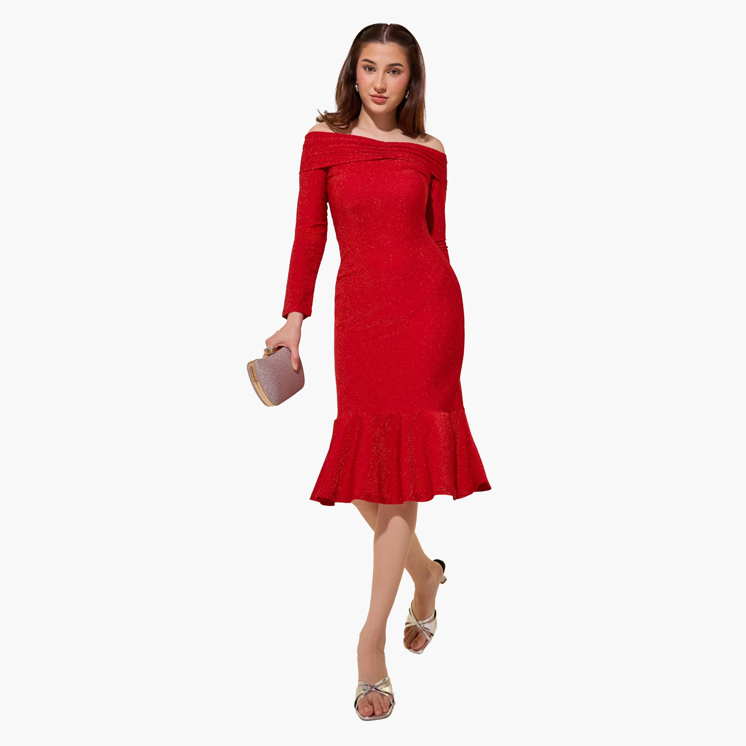 Take Two Metallic Design Off Shoulder Mermaid Midi Dress-women-clothing-dresses-image-3