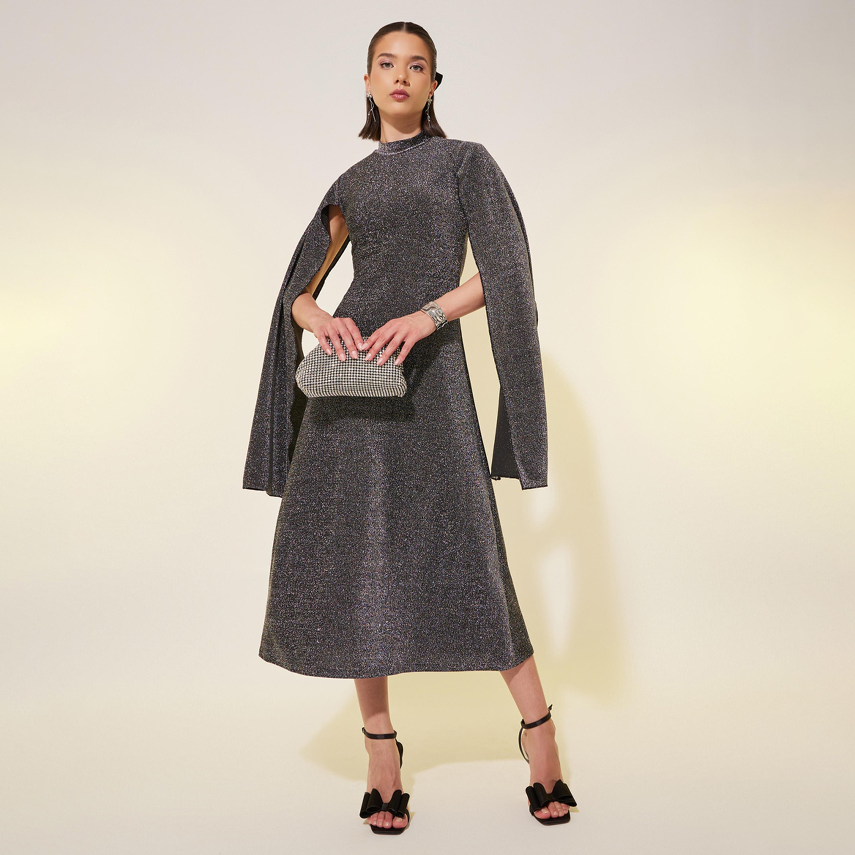 Styli Metallic Design High Neck Sheath Midi Dress-women-clothing-dresses-image-1
